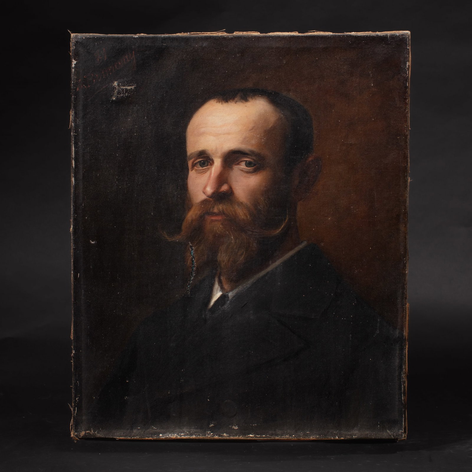 Antique Oil Portrait of a Man 19th Century: Antique 19th century oil on canvas portrait of a man with large mustache and beard. Signature upper left (Z. Burnway?) and '81 (?) date. Unrestored contion with much surface age patina, two tears repa