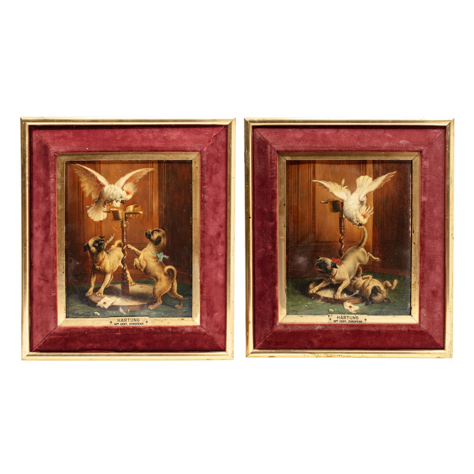Karl Reichert "Cockatoo and Pugs" Pair Oil (1 of 7)