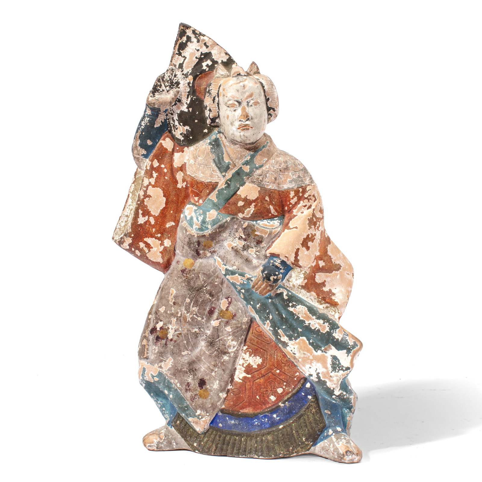 Antique Japanese Pottery Kabuki Actor Doll: Antique Japanese doll (Tsuchi-ningyo) of a kabuki actor in terracotta stoneware with polychrome pigments. Extensive wear to pigments, figure however presents well and is in good structural condition. 