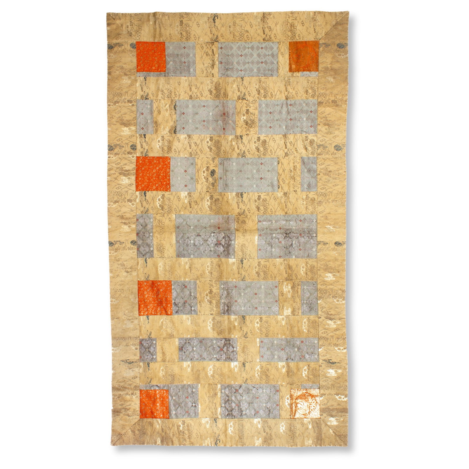 Japanese Silk & Gold Brocade Kesa: Japanese priest's silk kesa textile consisting of symmetrically arranged panels of woven silk and gold brocade on dyed red ground, the panels including depictions of repeated flowerhead lozenges, fans