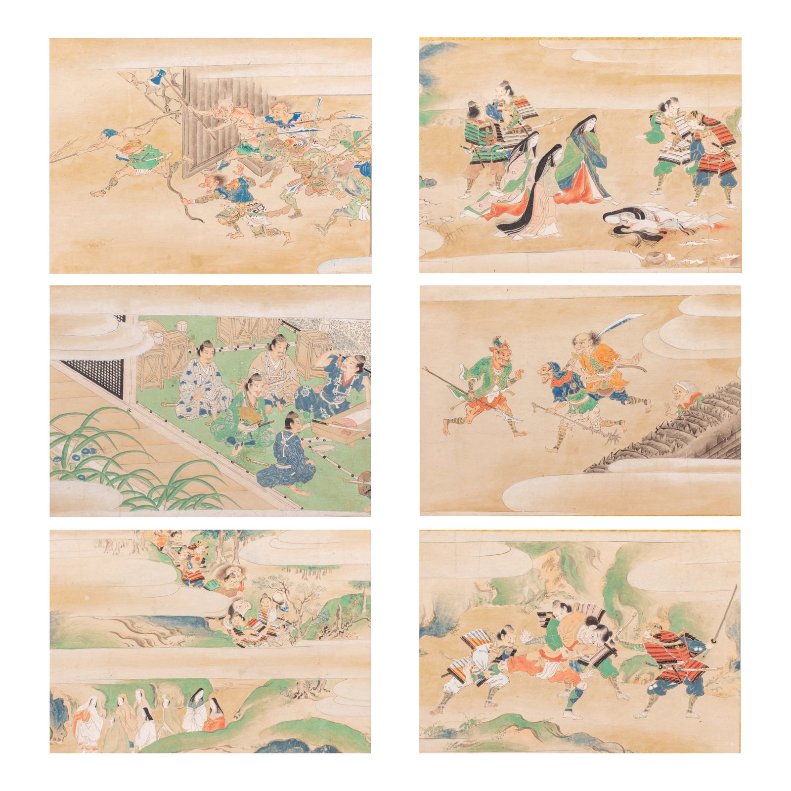 Japanese Shuten-Doji Paintings Aft. Kano Motonobu: Set of six 19th century hand painted scenes from "The Tale of Shuten-doji" after scrolls by Kano Motonobu (1476-1559). Paint, ink, gilding on paper. Fully mounted on press board type backing surrounde