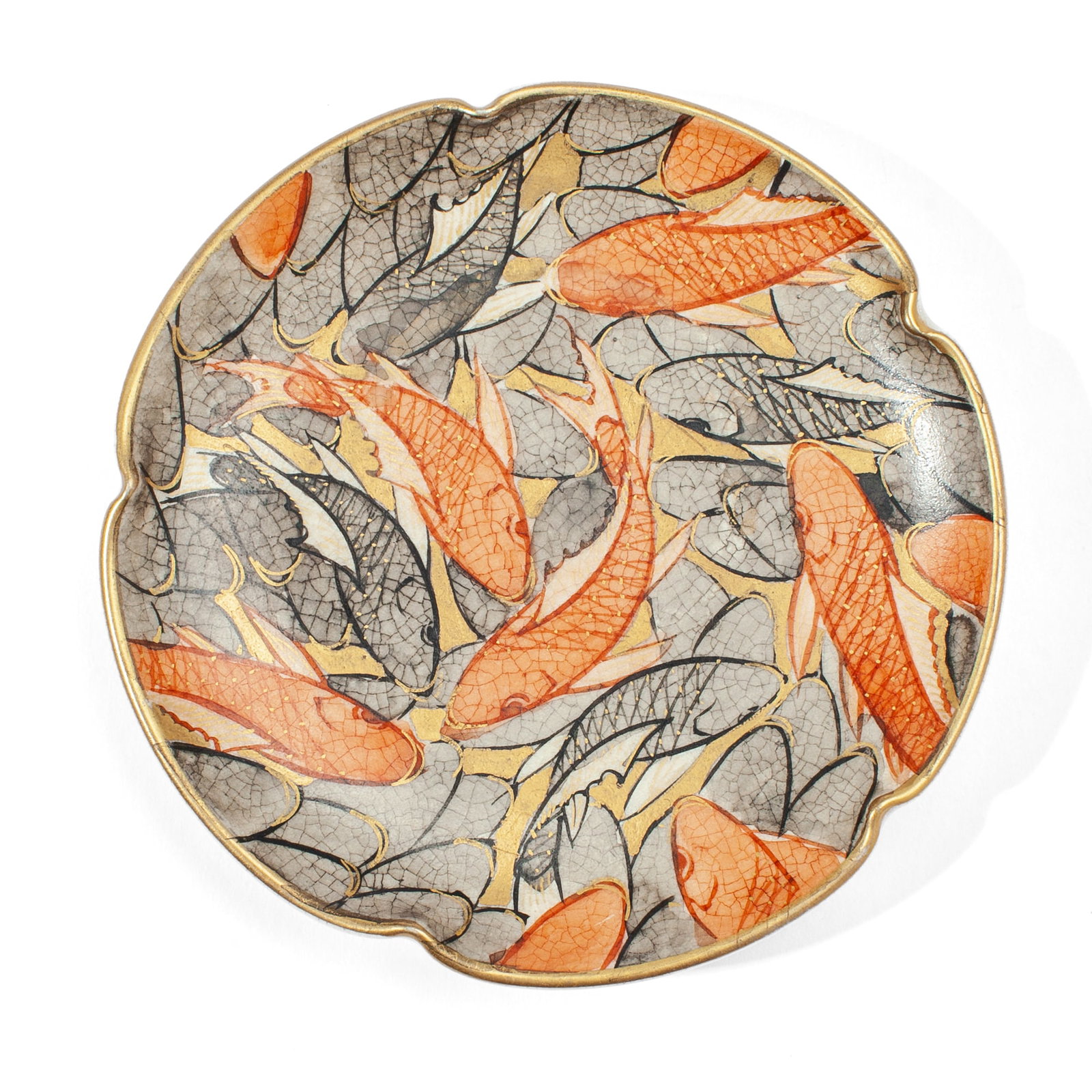 Japanese Satsuma "Koi" Dish Marked Koshida: Old Japanese Satsuma dish with pattern of koi fish in red and black overglaze with gilt. Marked "Koshida" to base. In very good condition. 3.5" D.