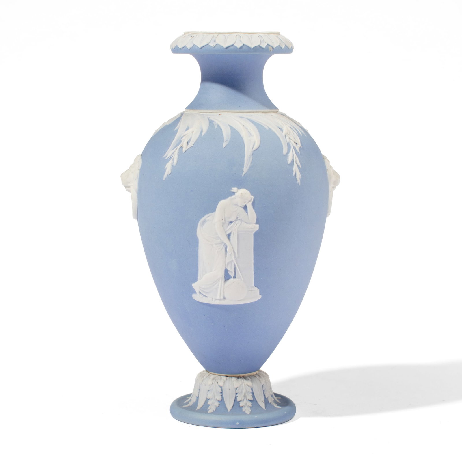 Wedgwood Blue Jasperware "Muses" Vase: 19th century Wedgwood blue jasperware vase of baluster form on splayed base, the body having muses between lion heads all below encircling band of grasses. Impressed "WEDGWOOD" and incised numerical m