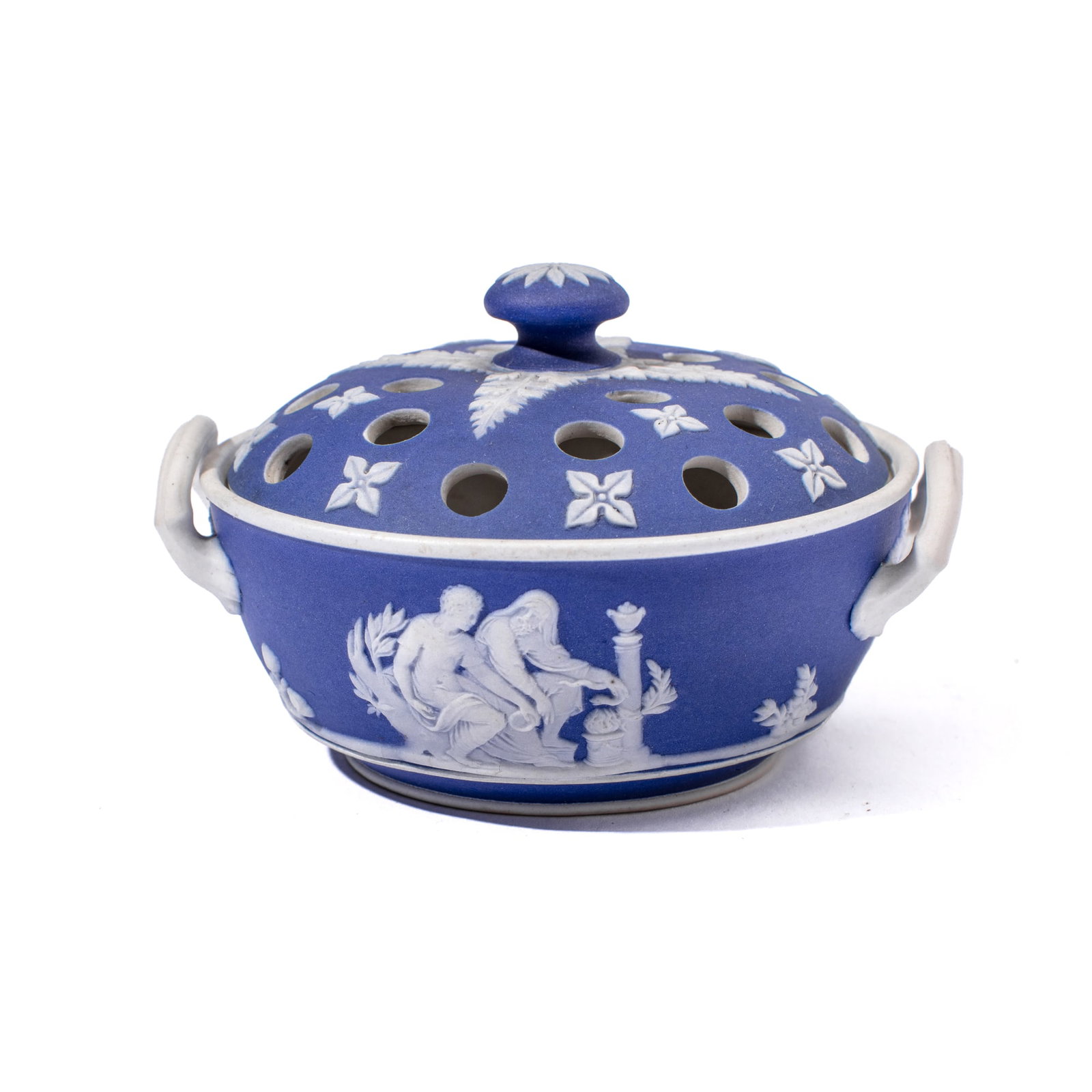 Wedgwood Dark Blue Jasperware Potpourri Dish: Early 19th century Wedgwood miniature potpourri covered dish with scenes depicting classical figures in white over dark blue dip. Double-impression "WEDGWOOD" mark to underside. In very good condition