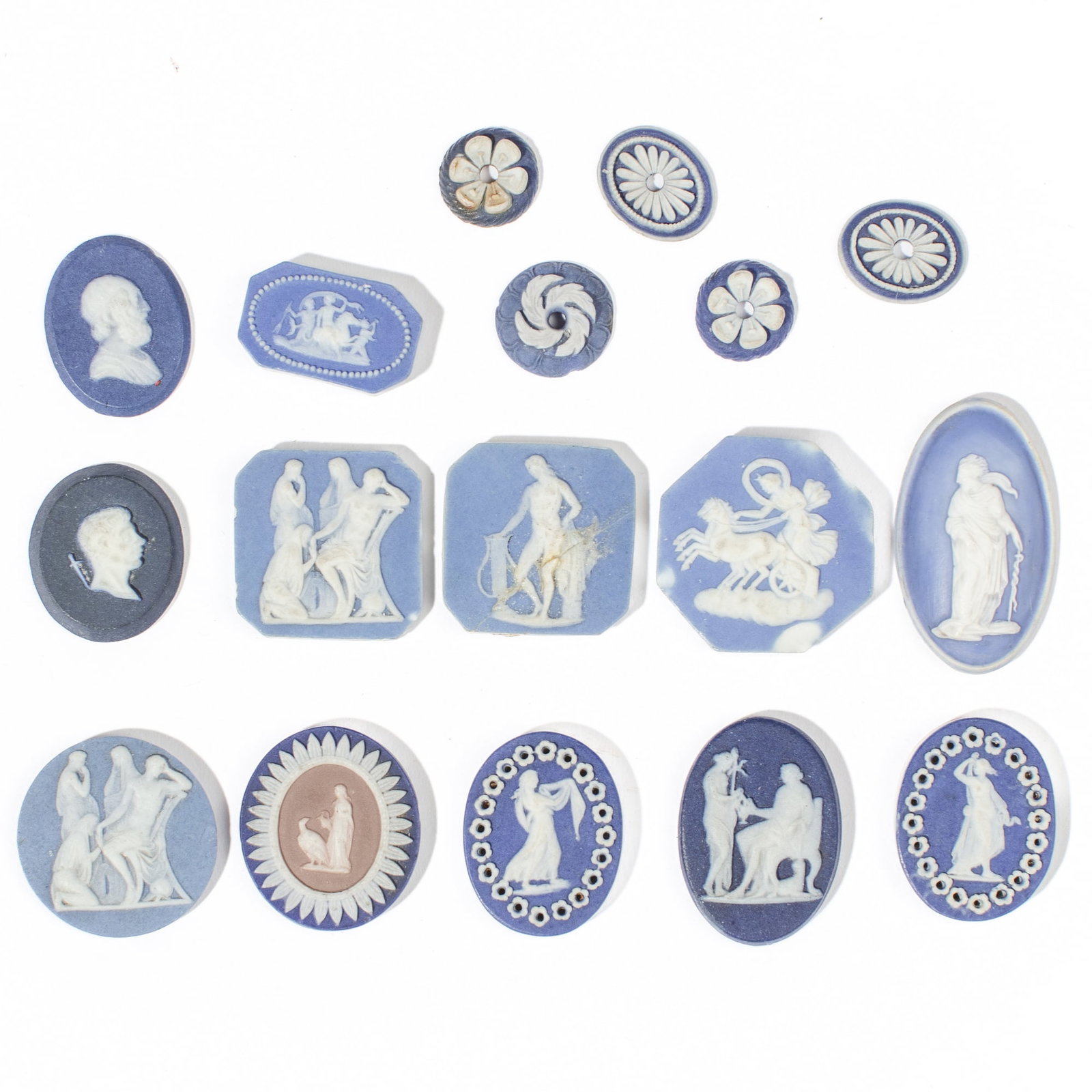 Group of Wedgwood Jasperware Cameos & Buttons: Group of late 18th / early 19th century Wedgwood cameos and buttons. 17 pieces total. Most cameos are double-sided. Includes one tricolor piece. Very slight losses to some; most in very good overall c