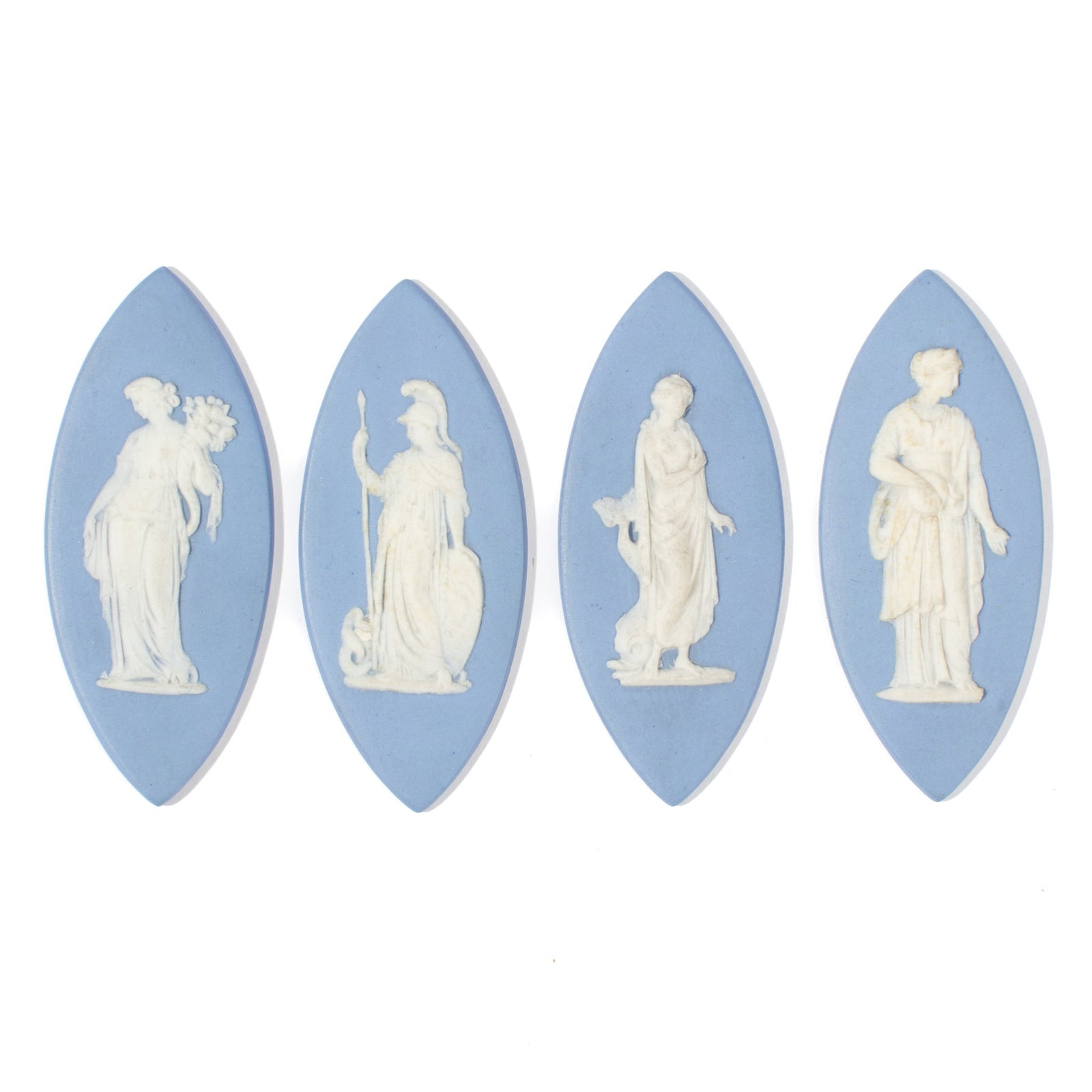 Four Wedgwood Blue Jasperware Cameos: Four 18th century Wedgwood blue jasperware cameo plaques of elongated oval form depicting Athena, Demeter, Amphitrite and Selene or Urania. Each with impressed "WEDGWOOD" marks, incised numerical mark