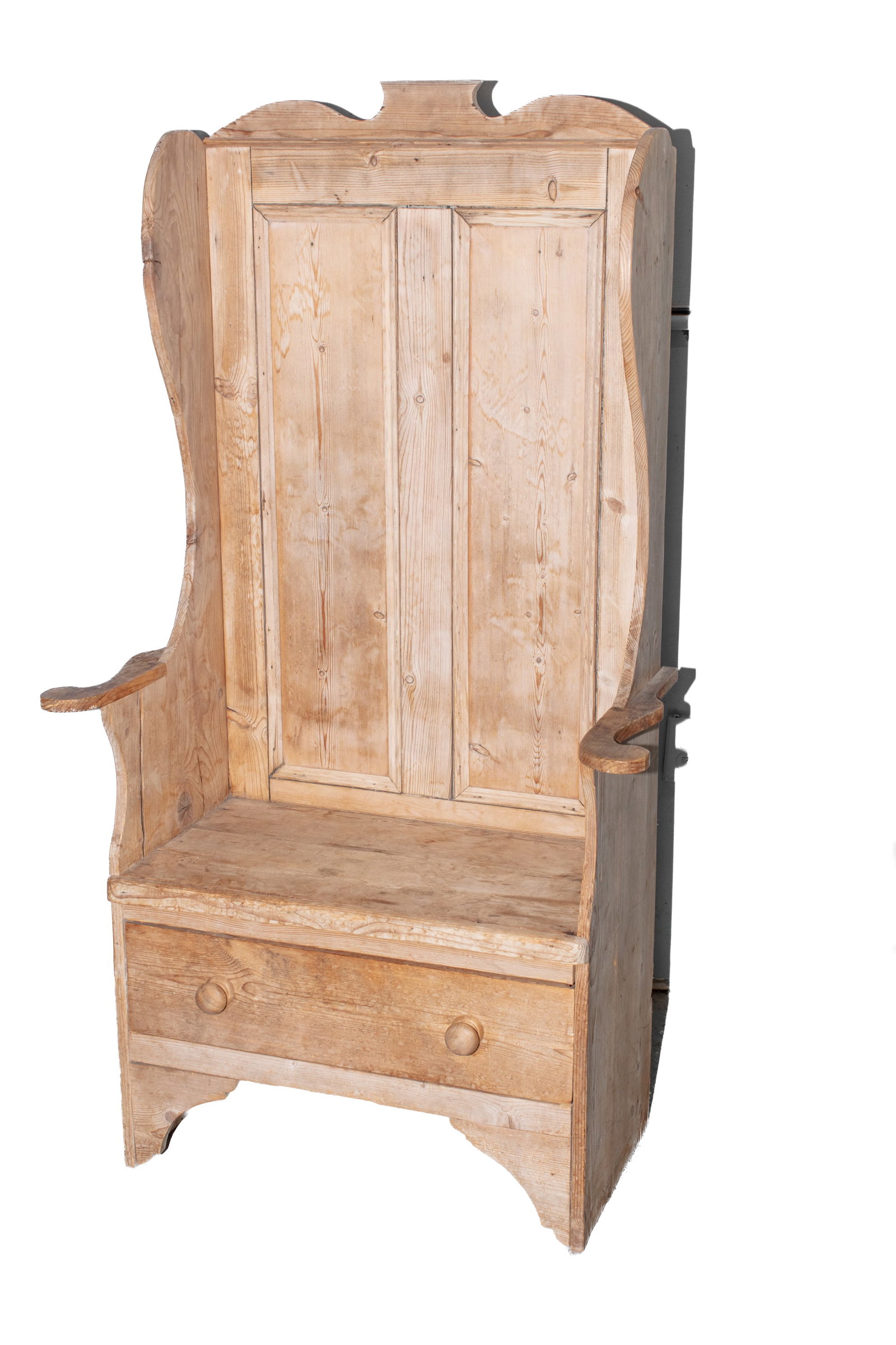 Antique Pine High Back Hall Bench - 2