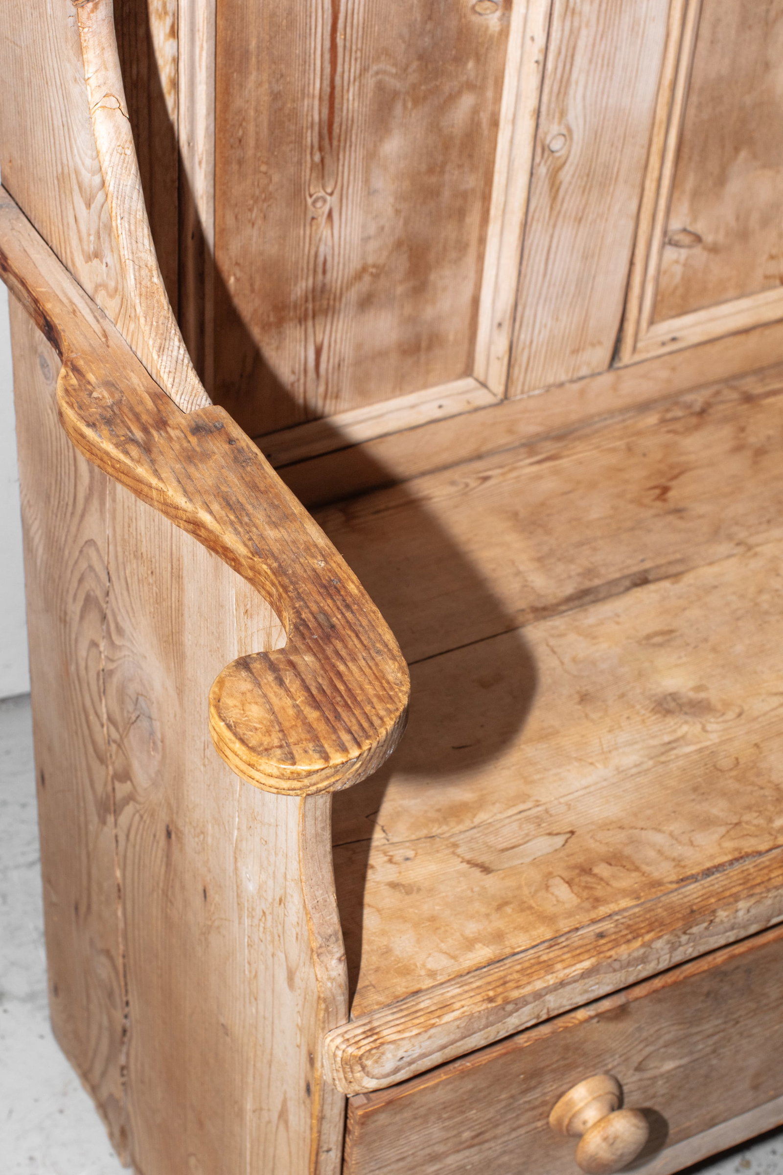 Antique Pine High Back Hall Bench - 3