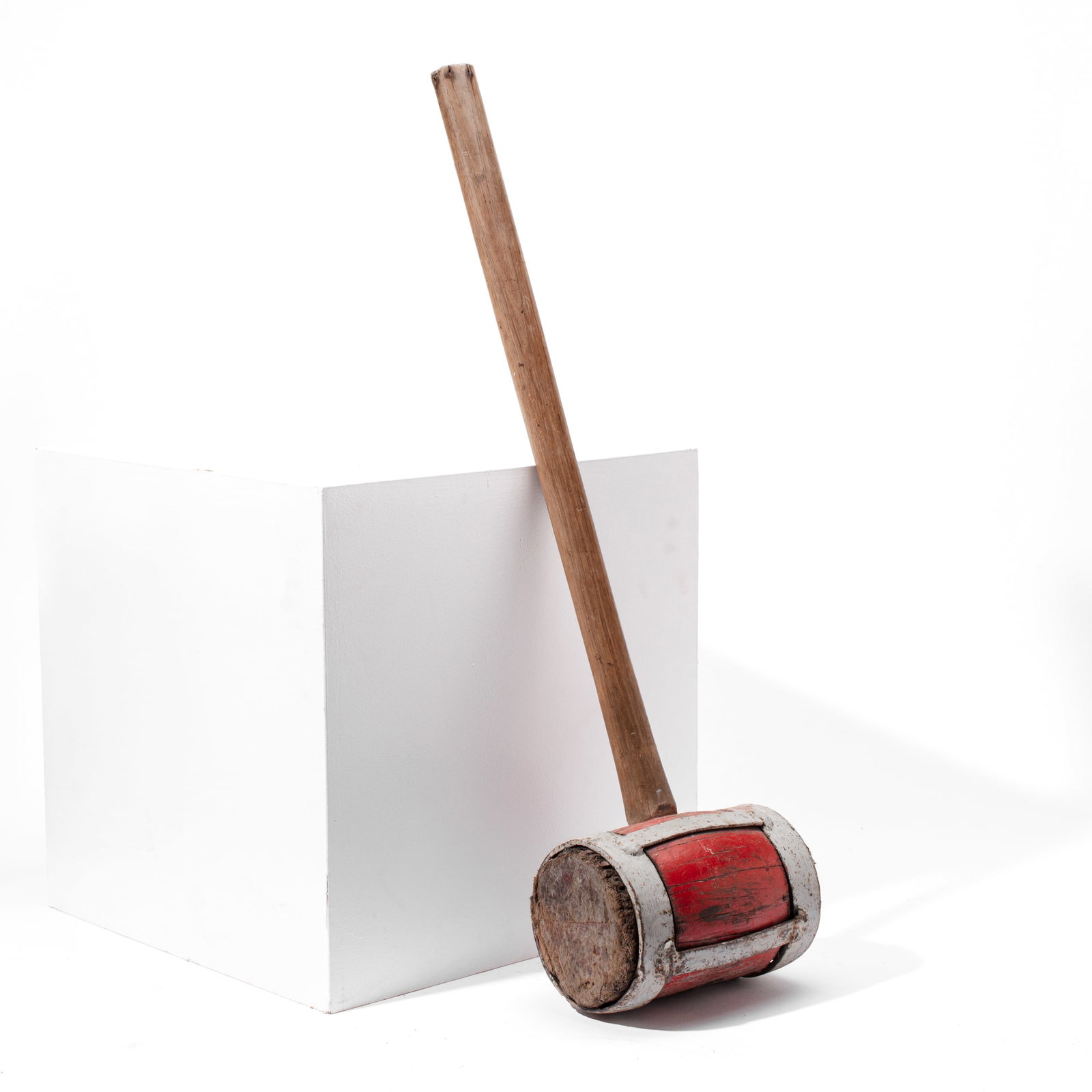 Vintage Carnival Circus Strongman Mallet: Vintage carnival / circus strongman bell mallet. Red painted wood head within wrought iron "cage" frame. Hardwood handle. Good aged condition with use patina, etc. 31" L. Head 8.25" x 5.25" dia approx