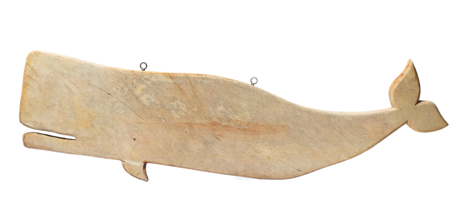 Vintage Mahogany Whale Hanging Sign: Large vintage reproduction hanging sign in the form of a whale carved from one solid unfinished slab of mahogany with inset iron hooks. Minor splits and expected surface wear/stains to wood; fill repa