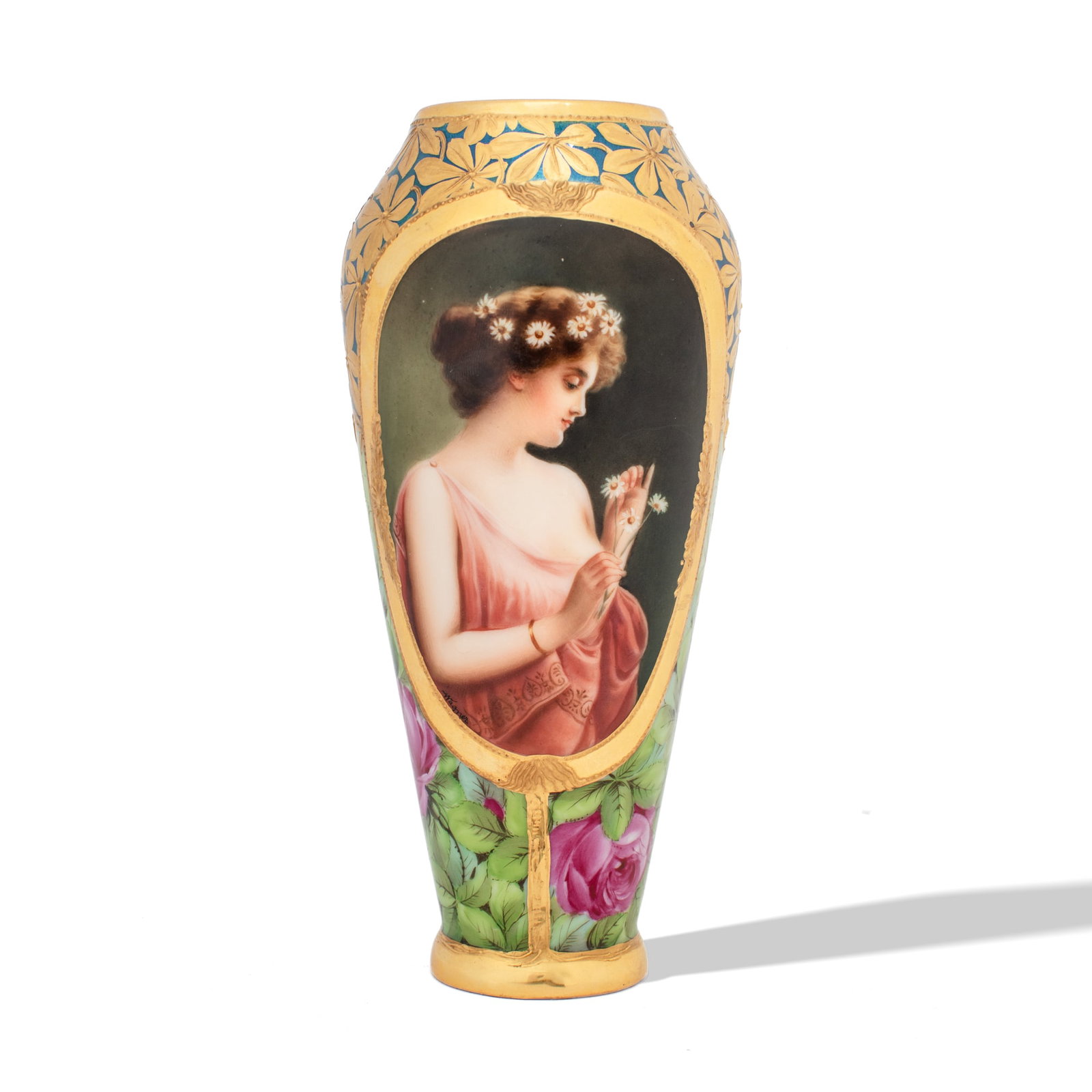 Antique Royal Vienna Porcelain Portrait Vase: "Marguerite". Hand decorated with oval portrait, roses, and gilt flowering trees. Blue underglaze mark with hand glazed "Marguerite. Dec: 596 Depose" in black and "4514 26d" in red. Excellent conditio