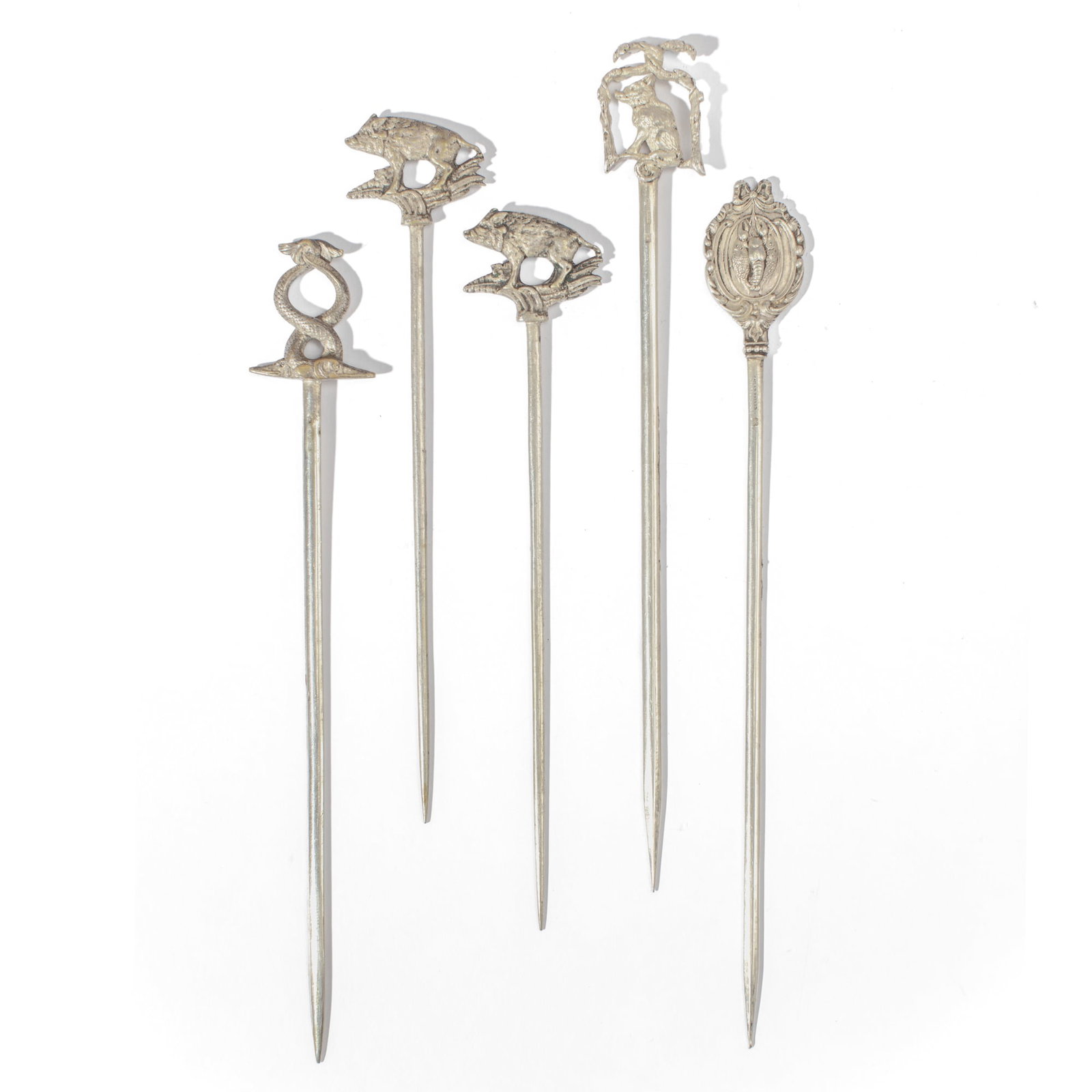 Five Antique French Silver Plate Meat Skewers: Five antique French silver plate meat skewers, four with animal finials (three having wild boar, one with snake), and one skewer with cartouche depicting hanging fowl, rabbit and seafood. Each with im