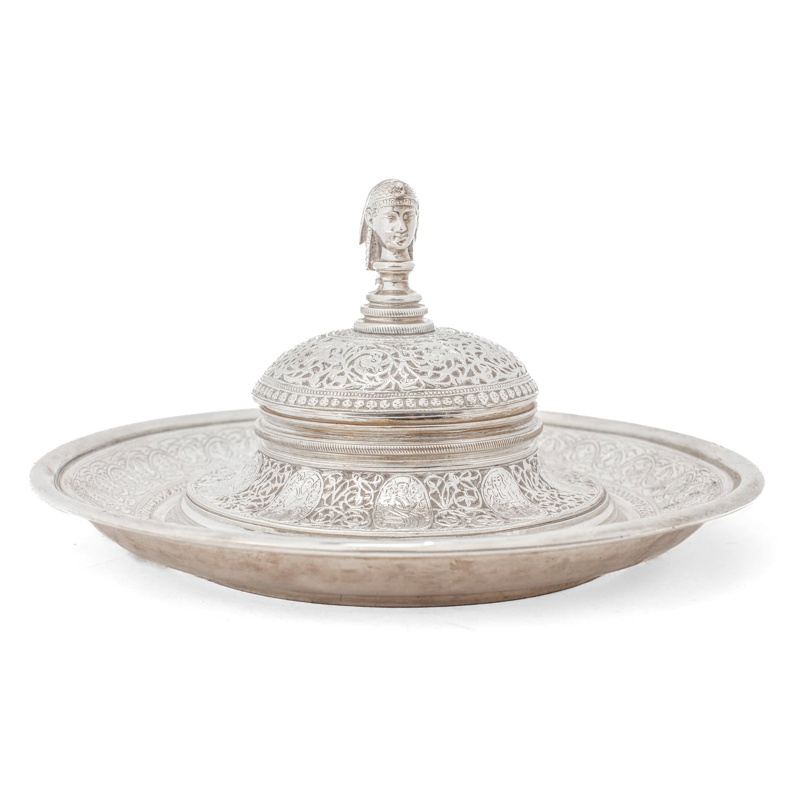 Elkington & Co Egyptian Revival Inkwell 1879: Antique Elkington & Co. silver electroplate Egyptian Revival inkwell. Cast with intricate relief design of figural medallions and scrolling vines. Bust of an Egyptian queen to hinged lid covering a cu