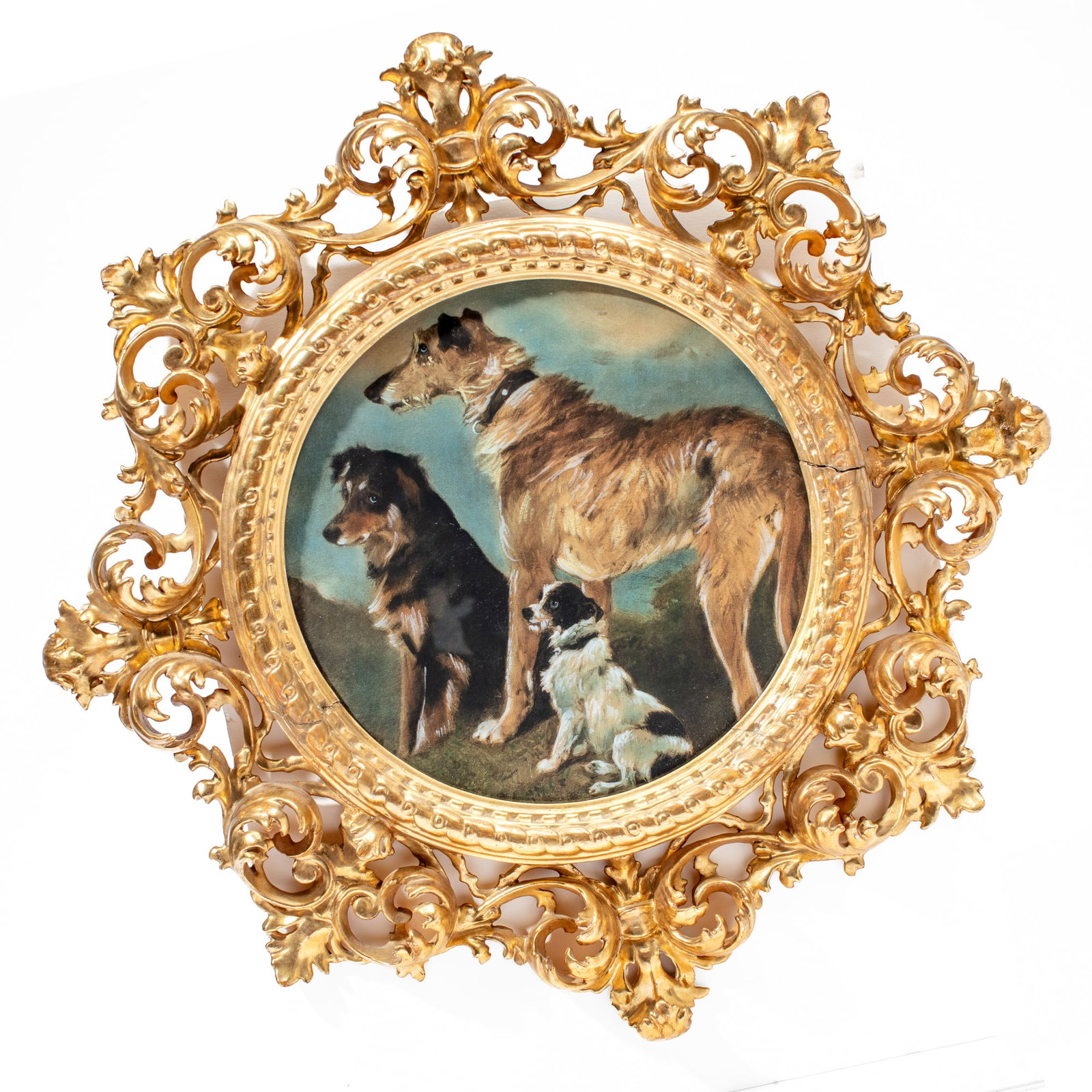 Antique Florentine Italian Giltwood Round Frame: Circa late 19th/ early 20th century Italian giltwood frame. Hand carved wood with gold leaf over gesso. Good original condition with age patina; expected cracks, a few small losses / repairs, etc. Cur