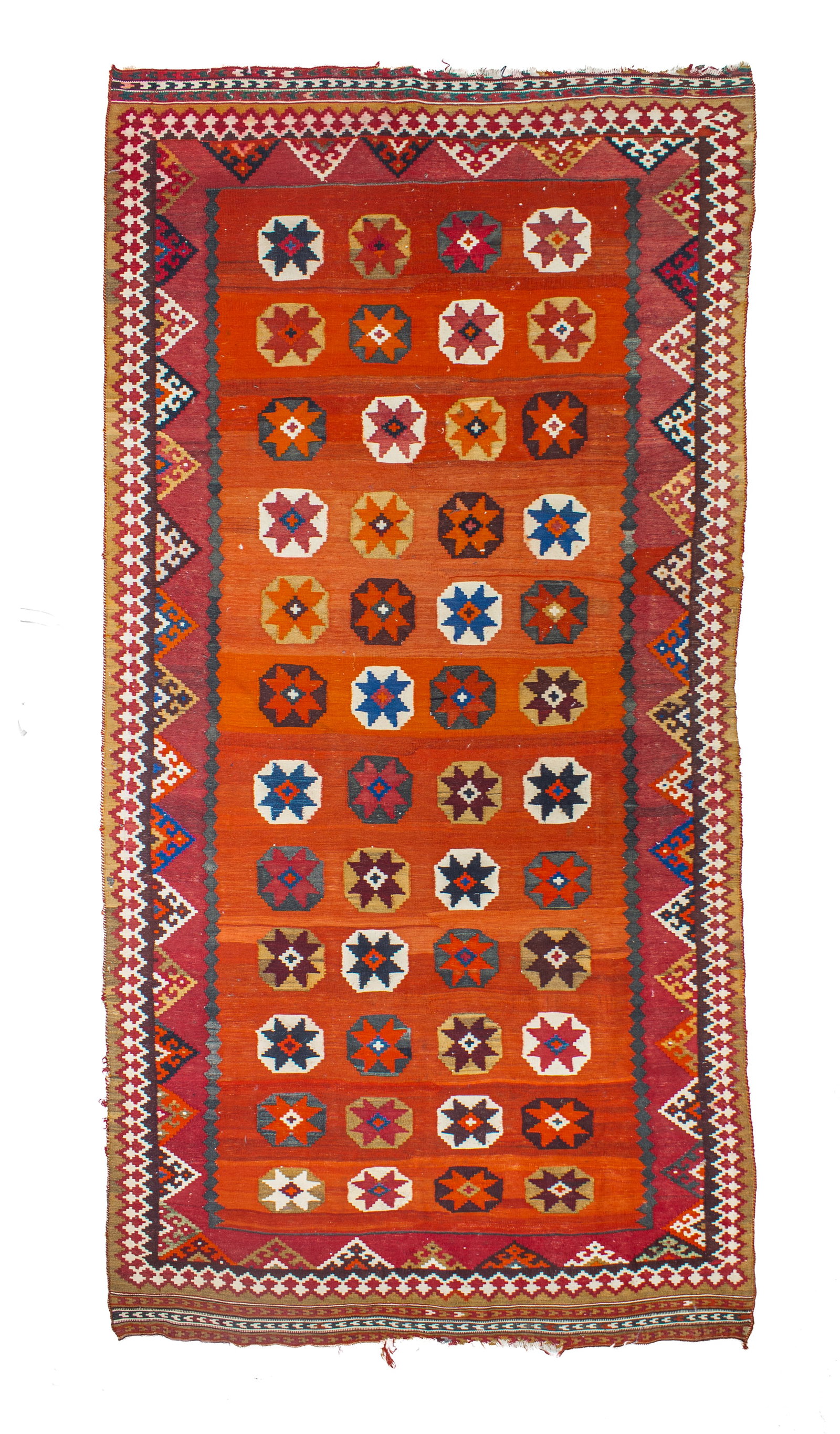 Semi-Antique Kilim Flatweave Rug.- 106x56": Semi-Antique Kilim Flatweave Rug.- 106x56". Some wear to edge banding and scattered fraying to fringe; overall good condition.
