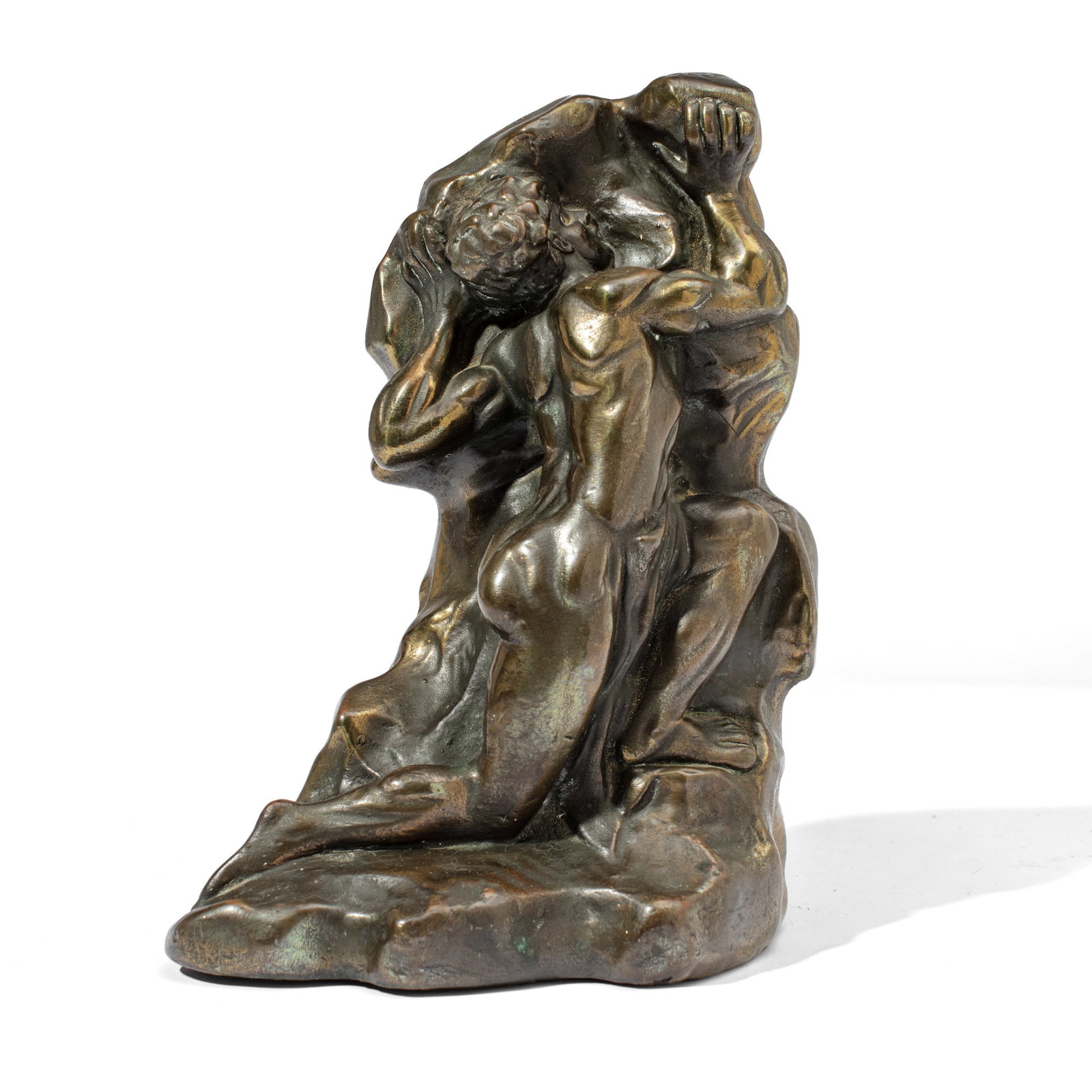 J.A. Meliodon Bookend / Male Nude: Vintage Jules Andre Meliodon (French, 1867- 1938/40) bronzed cast metal bookend depicting a male nude figure against a rock formation. Marked J.A. Meliodon. Very good condition with aged patina. 8.5"