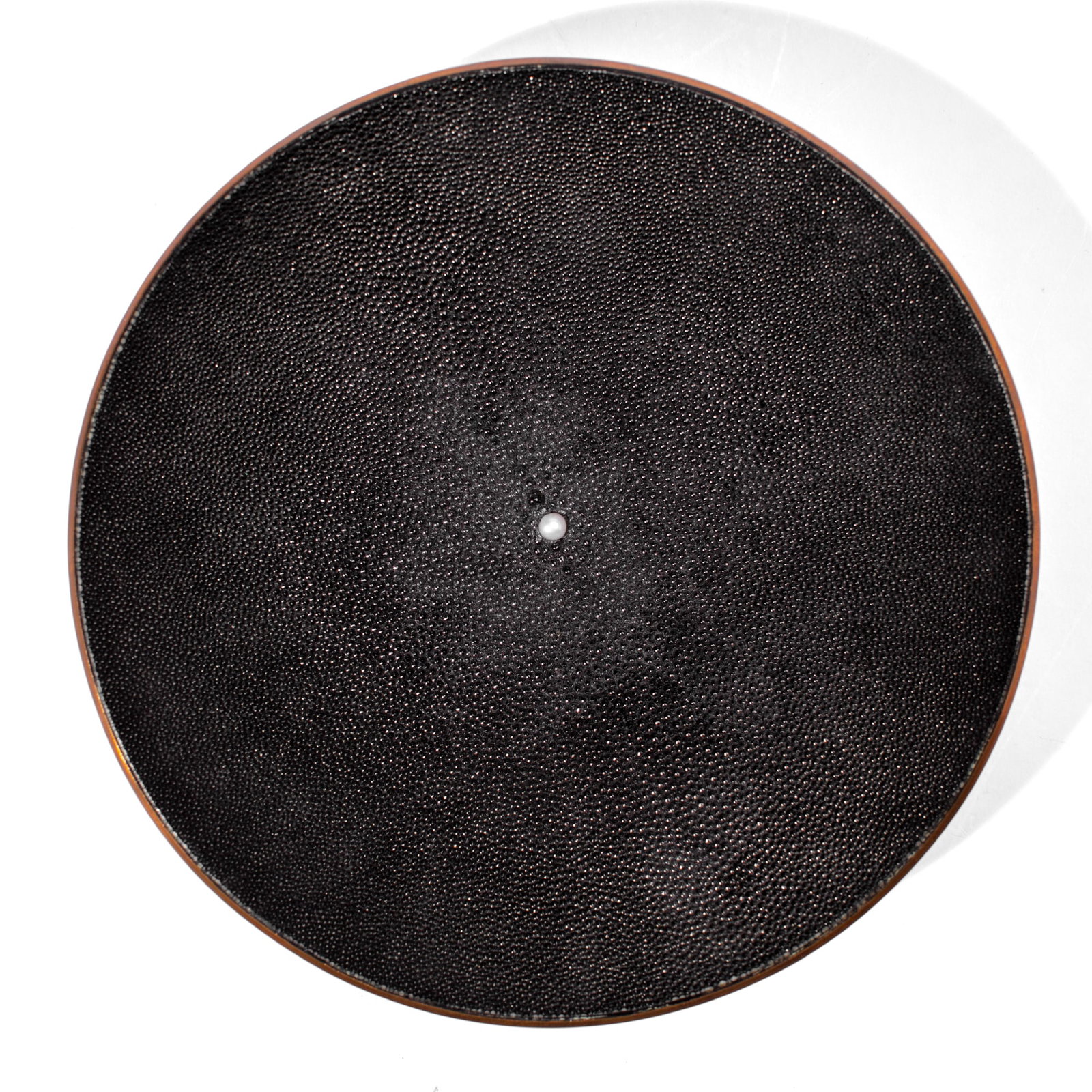 Bennett Liberty Copper & Black Shagreen Bowl: Bennett Liberty (New YorK) Copper & Black Shagreen Vide Poche Bowl. Signed along rim on copper. Pearl set at center of black sting ray shagreen. Bowl measures 2.25x9". Some light scratches to copper; 