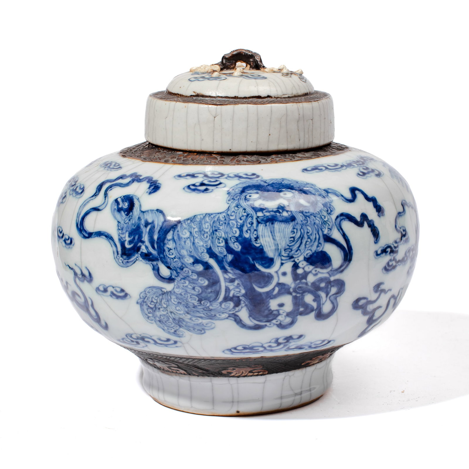 Large Chinese Blue & White Porcelain Foo Lions Jar (1 of 5)