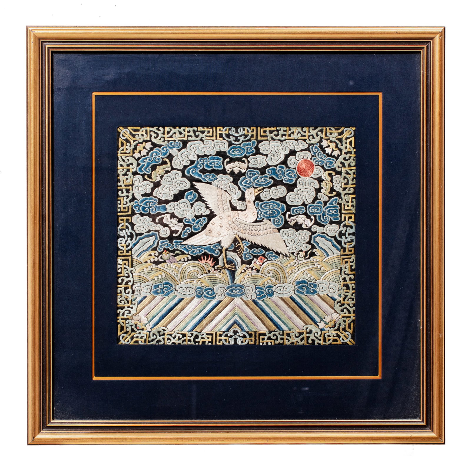 Antique Chinese Embroidered Silk Rank Badge: Antique Chinese embroidered silk rank badge / buzi depicting an egret over waves with five bats and ruyi-head clouds. Framed under glass. Appears to be in excellent condition; not examined out of