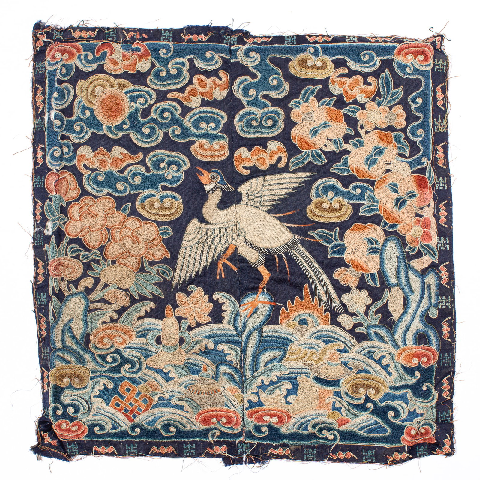 Chinese Kesi Paradise Flycatcher Civil Rank Badge: Chinese late Qing Dynasty rank badge depicting paradise flycatcher (denoting individual of the 9th rank), among peaches, bats, and auspicious emblems over waves. Extensive use of forbidden stitch