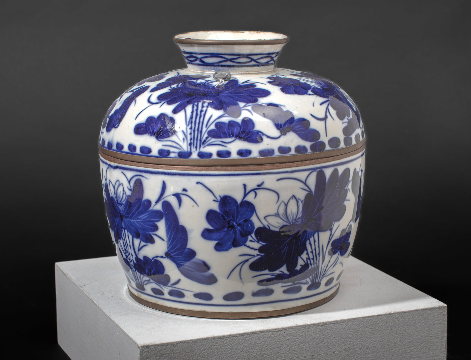 Antique Thai Blue & White Lotus Pond Covered Jar (1 of 8)