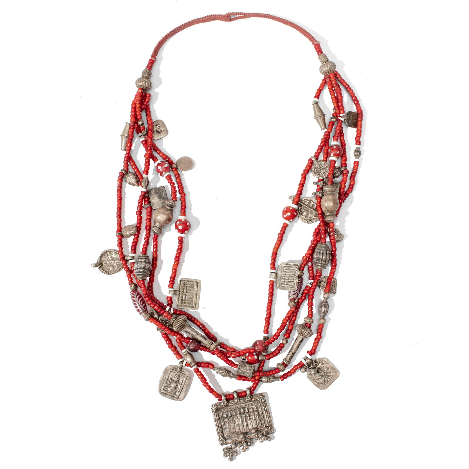 Indian Red Coral Glass & White Metal Necklace (1 of 4)