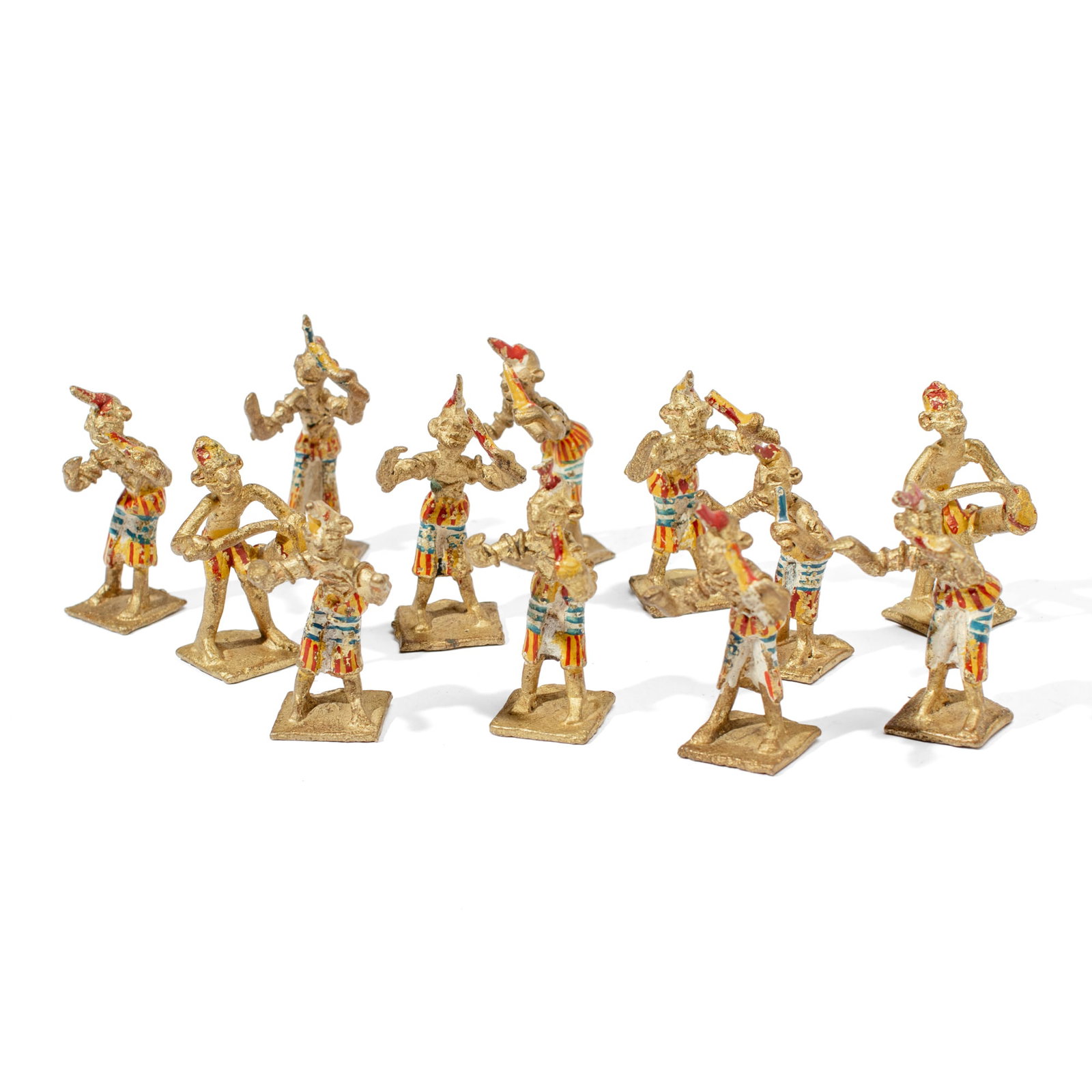African Akan Ashanti Gold Weight Figures: Group of 12 gold finish cast bronze Akan Ashanti gold weight miniature figures with hand painted details. 2.25" heights approx.