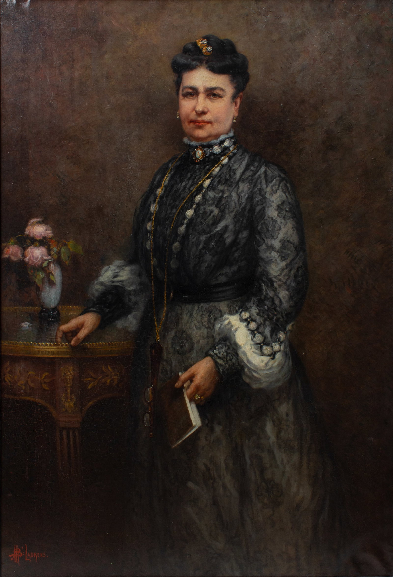 Paul Albert Laurens Large Portrait of a Woman Oil: Paul Albert Laurens (1870 - 1934 France) Large Portrait of a Woman. Oil on canvas. Signed at lower left. In black wood frame. Some paint flakes to edges; two small paint flakes at lower right area; so