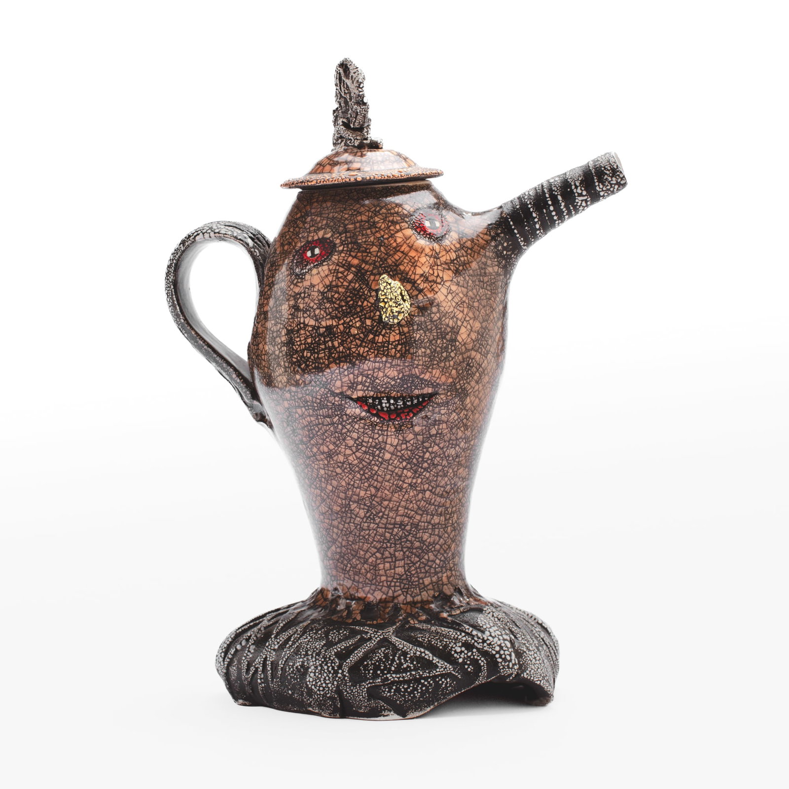 Andy Nasisse Figural Ceramic Teapot: Andy Nasisse (Georgia) Figural Ceramic Teapot. Signed on base. Measures 15.5x11x7". Collection of Mike Peck, Seattle WA. Excellent condition.