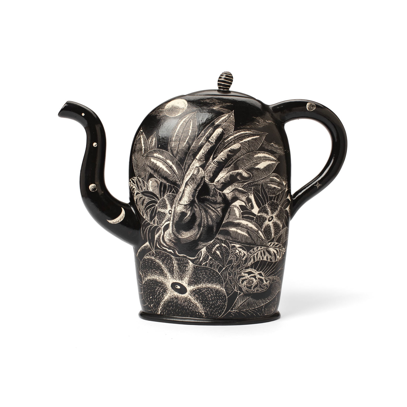 Kurt Weiser 'Night Garden'' Porcelain Teapot: Kurt Weiser (b.1950 Arizona) ''Night Garden'' Porcelain Teapot, 1990. Side on side below handle, dated "4-30-90" on inside of lid. Elaborate sgraffito decoration depicting a garden, snake, hands, and 