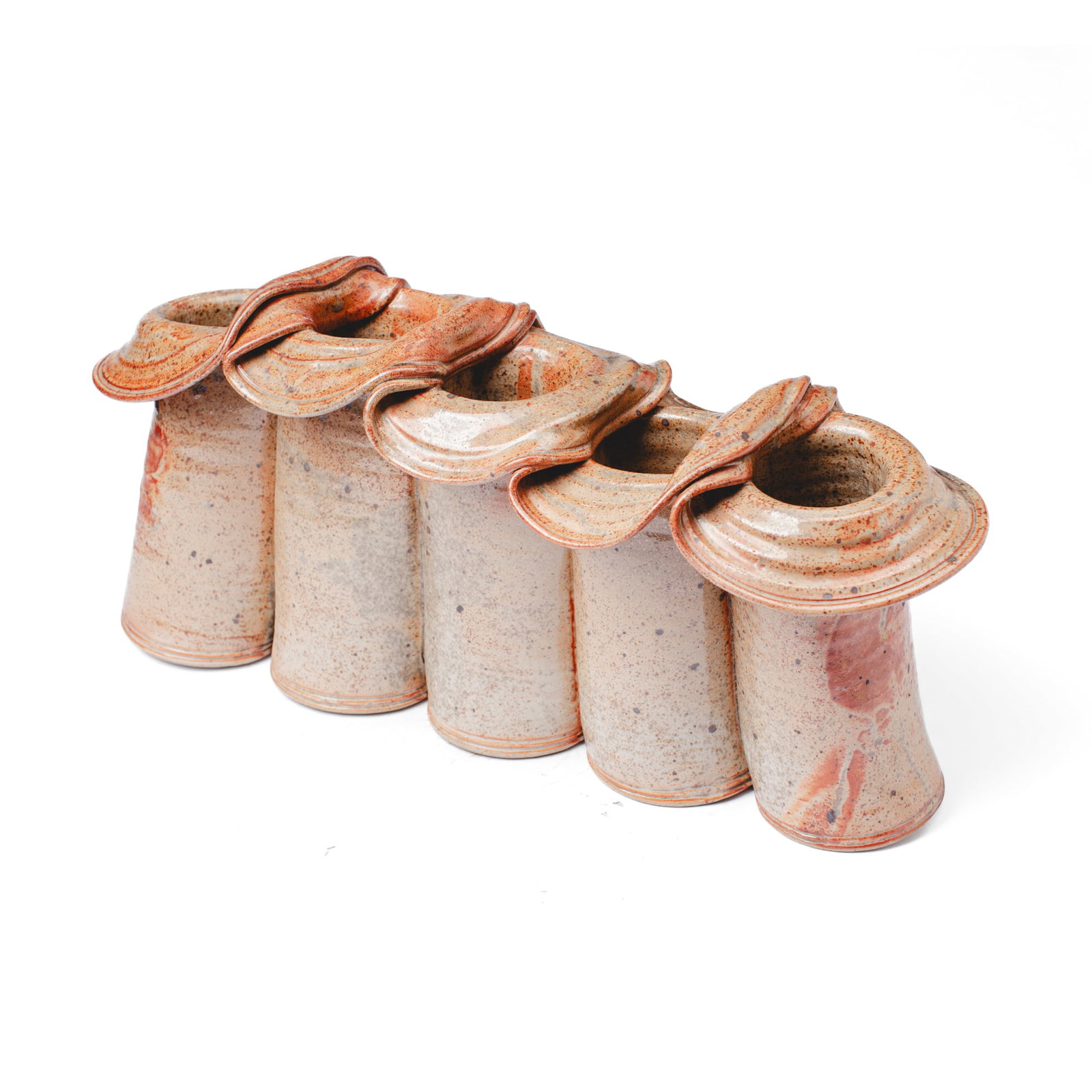 Anne Hirondelle (WA) Quintet Speckled Vase: Anne Hirondelle (b.1944 Washington) Quintet Speckled Stoneware Vase. Signed on base. A unique grouping of 5 cylinder vases with folded rims connected together. Measures 11.5x24x8". Collection of Mike