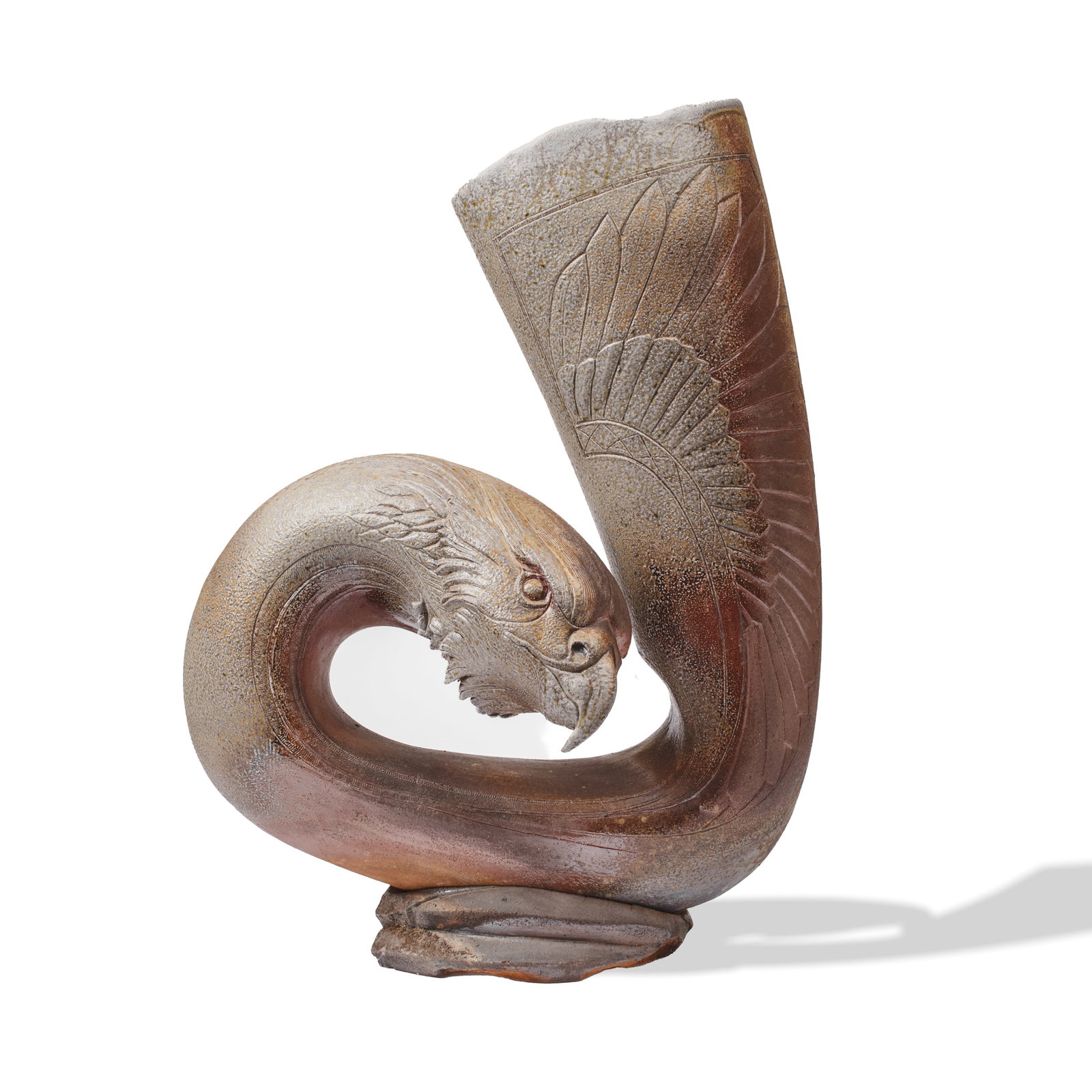 Steve Sauer "Broken Promises" Eagle Sculpture: Steve Sauer (Washington) Impressive "Broken Promises" Eagle Sculpture. Title inscribed on inside of opening. A massive eagle headed horn shaped vessel with removable base; wood fired in Sauer's