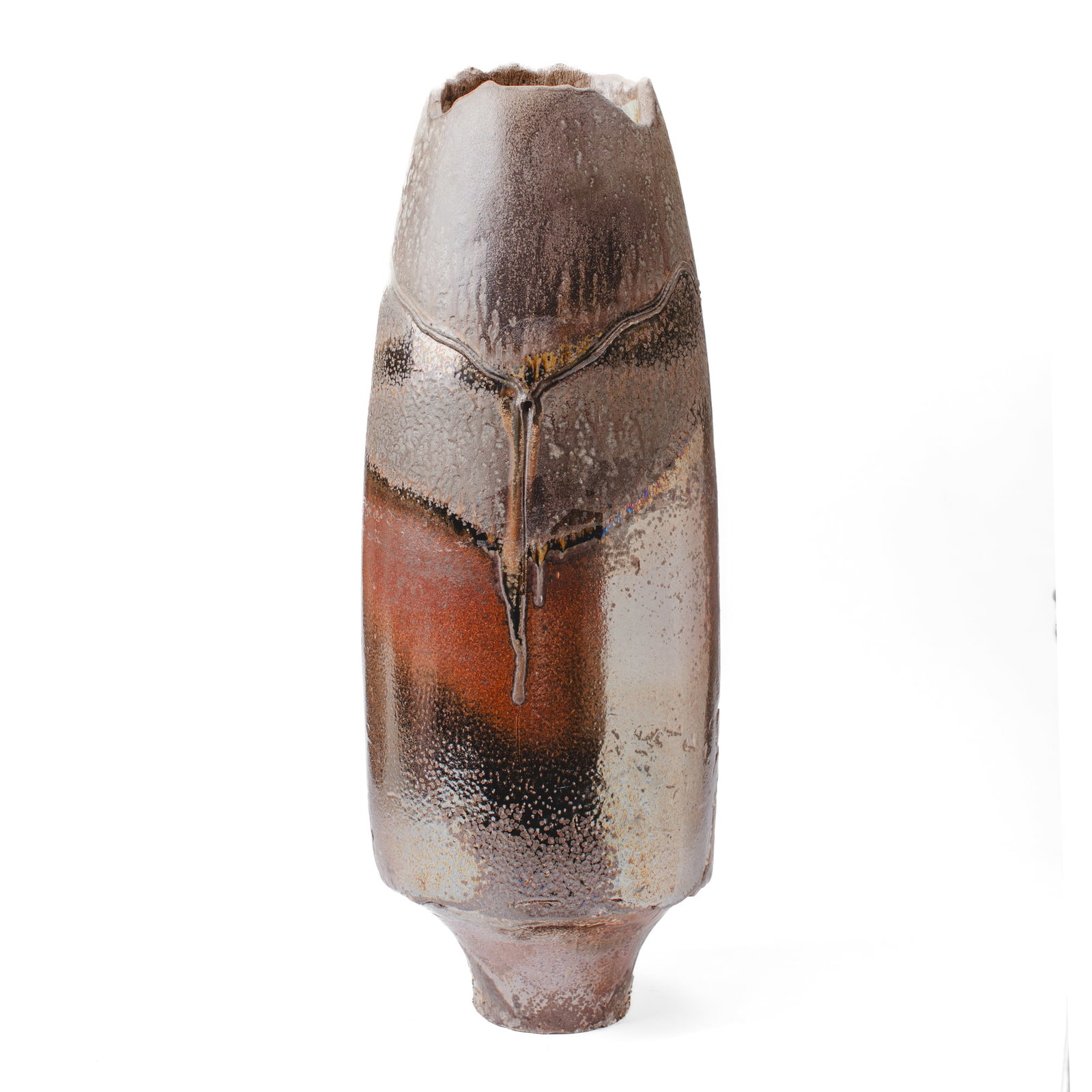 Steve Sauer (Wa) Tall Wood Fired Floor Vase: Steve Sauer (Washington) Tall Wood Fired Floor Vase. Unsigned but has a partial exhibition label on base. Wood fired in Sauer's anagama kiln. Measures 29x9x7". Collection of Mike Peck, Seattle, WA. So
