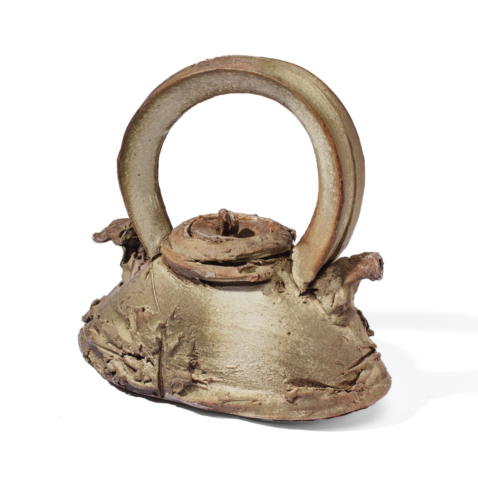 Drew Nicklas (WA) Brutalist Stoneware Teapot: Drew Nicklas (Washington) Brutalist Stoneware Teapot. Signed with artist impression near lid. Measures 12.5x13x6". Collection of Mike Peck, Seattle WA. Good condition.