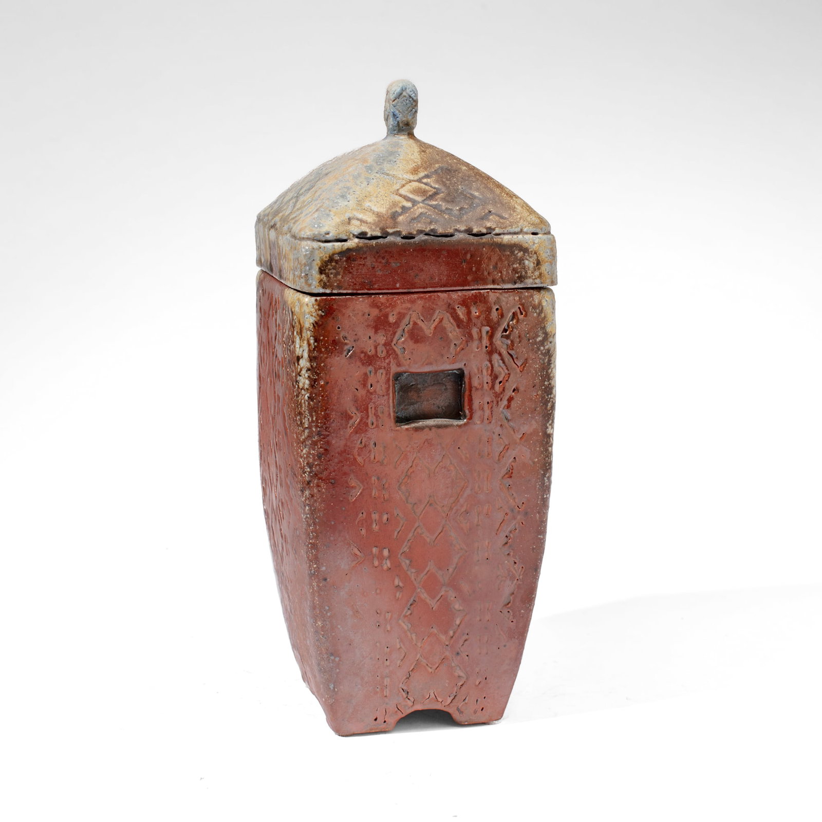 Jenny Andersen (WA) Stoneware Lidded Jar: Jenny Andersen (Washington) Wood Fired Stoneware Lidded Jar. Stamped with artist seal on base. Measures 13x5x5". Collection of Mike Peck, Seattle WA. Excellent condition.