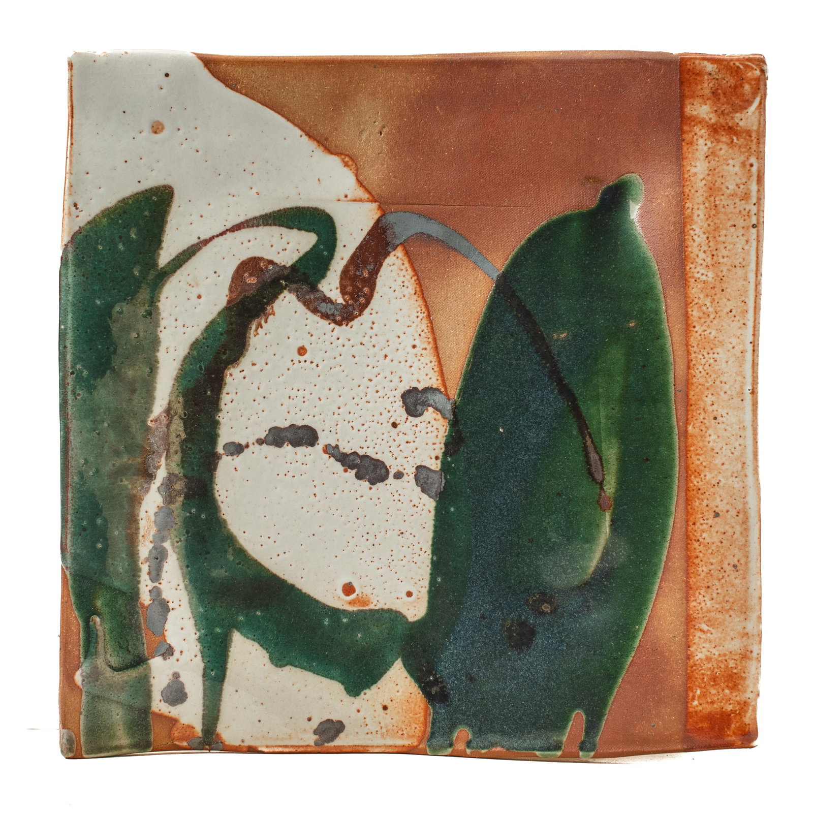 Wally Bivins (WA) Stoneware Slab Plate: Wally Bivins (Washington) Stoneware Slab Plate. Unsigned. Footed plate to function as a centerpiece bowl or could be hung on wall with wire. Measures 14.5x14x2". Collection of Mike Peck, Seattle WA. E