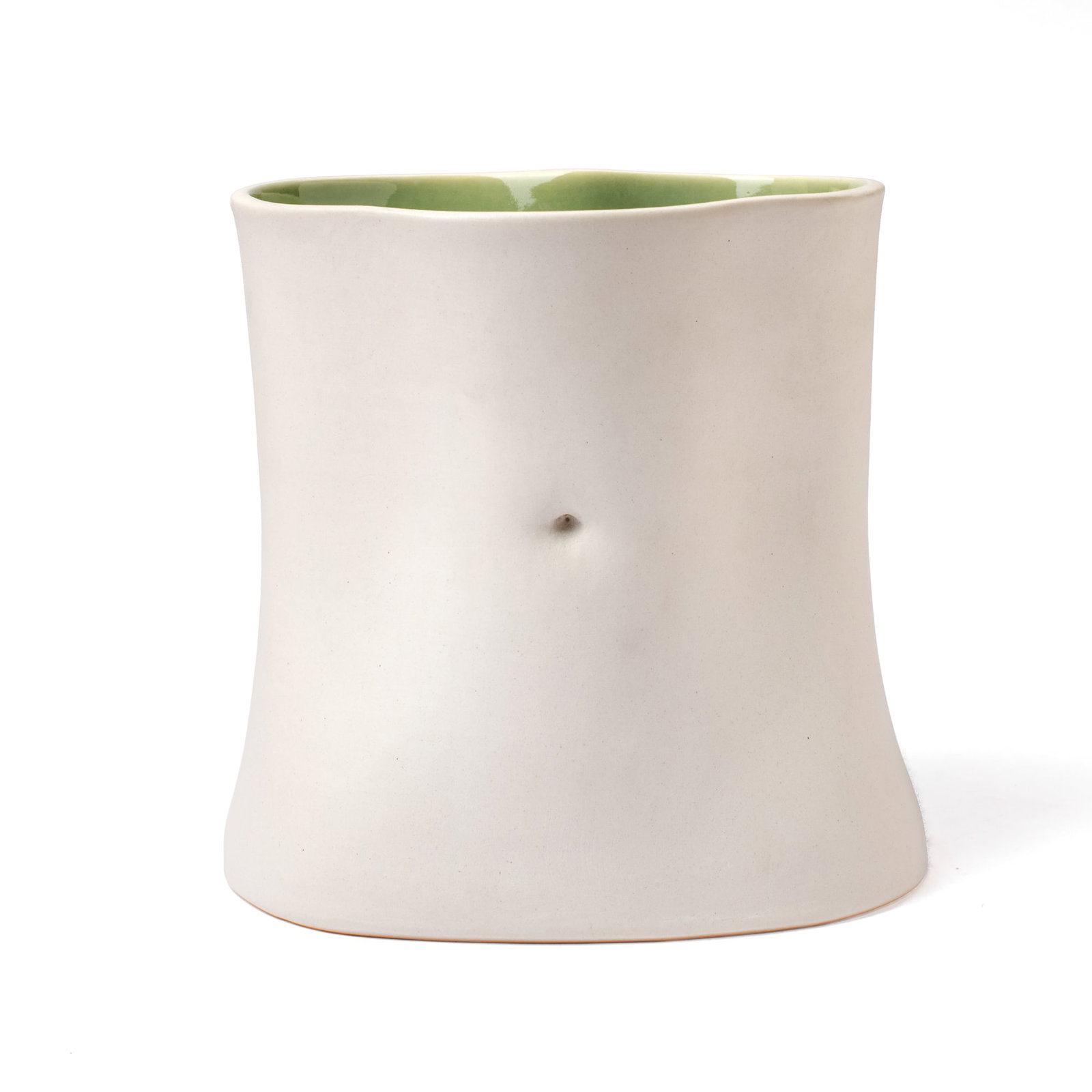 Nana Kuo (WA) "Belly" Porcelain Vase: Nana Kuo (Washington) "Belly" Porcelain Vase. Impressed chop mark on base with artist tag. Green glazed interior. Measures 9.5x9x7". Collection of Mike Peck, Seattle WA. Excellent condition.