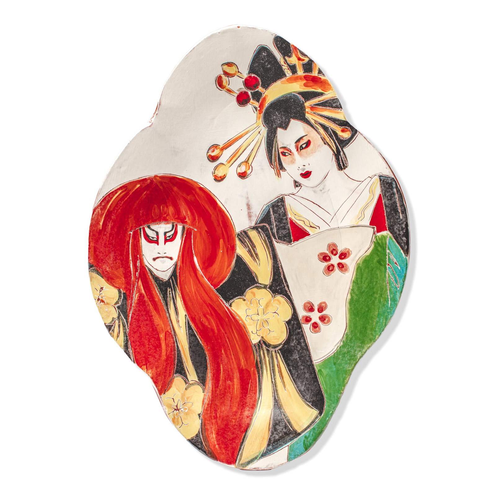 Natsue Makino (WA) Large "Kabuki" Platter: Natsue Makino (Washington) Large "Kabuki" Terracotta Platter. Unsigned. Measures 22.5x16x3"; hanging wire on verso. Created for Pottery Northwest "Salad Bowl" Gala. Collection of Mike Peck, Seattle WA