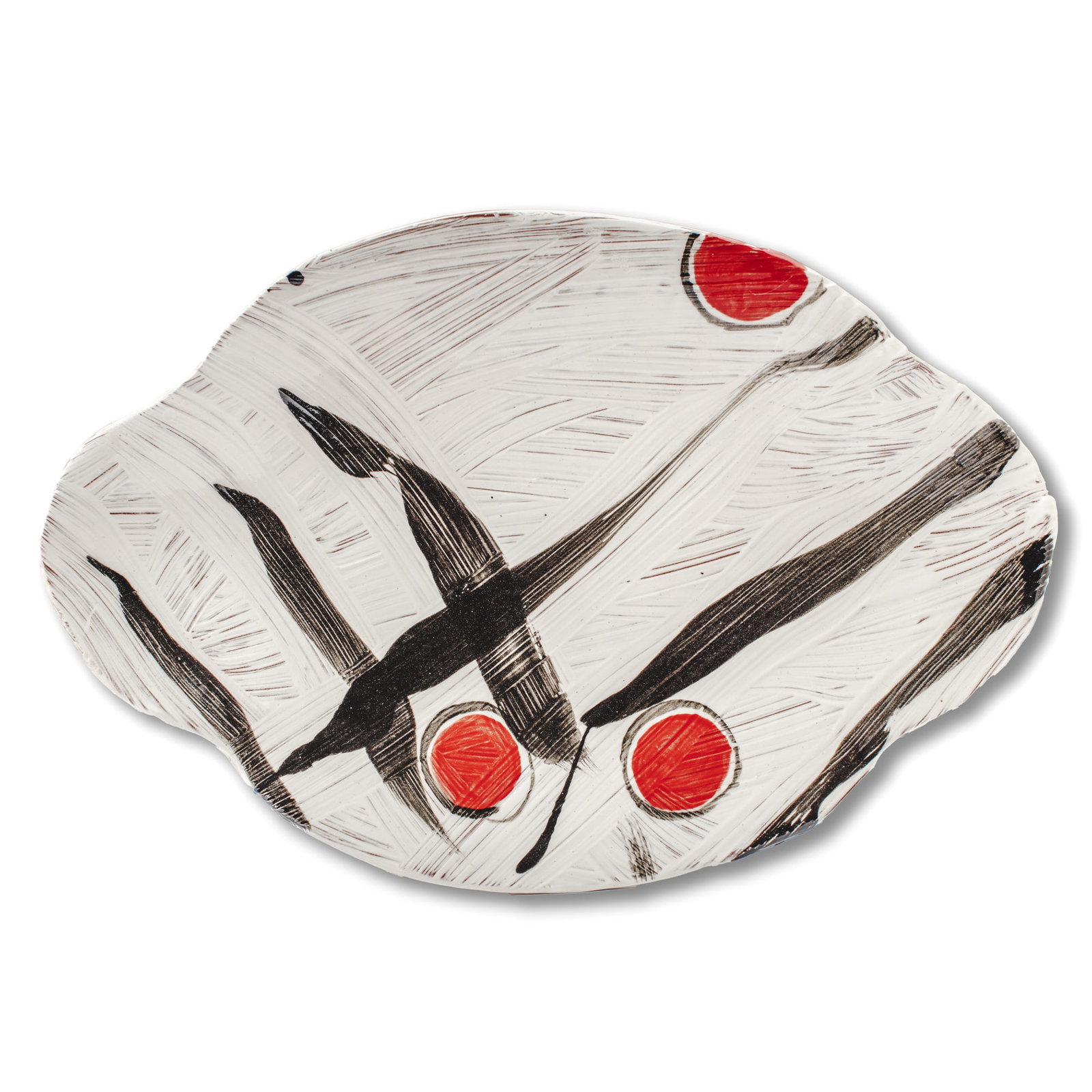 Large Pottery NW Abstract Terracotta Platter: Large Abstract Terracotta Platter. Unsigned. Vaguely resembles Japanese kite painting or sumi ink paintings; artist unknown. Measures 22.5x16x3"; hanging wire on verso. Created for Pottery Northwest "