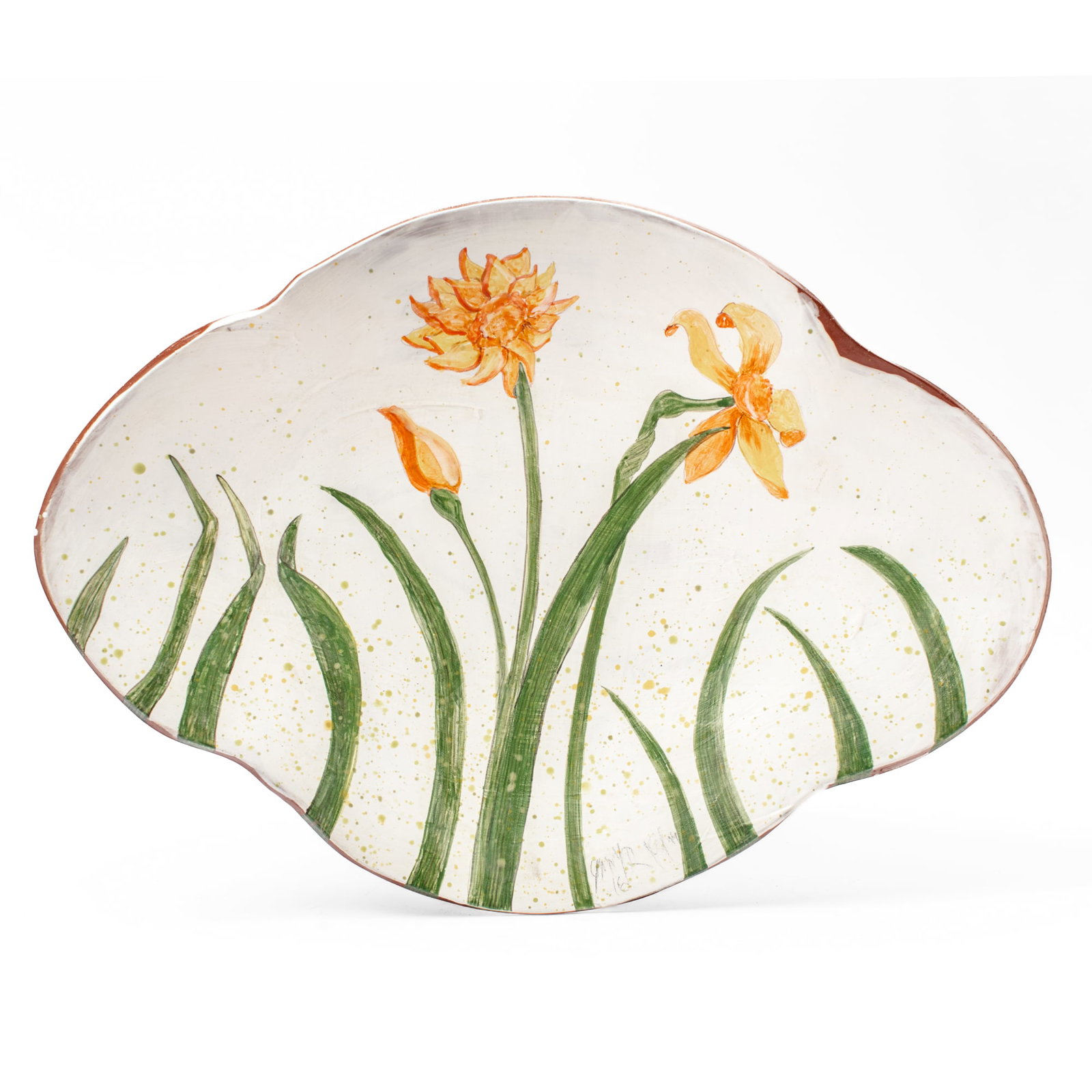 Ginny Ruffner (WA) Blooming Flowers Platter: Ginny Ruffner (1952-2025 Washington) Large Blooming Flowers Terracotta Platter, 2016. Signed and dated on front near rim. Measures 22.5x16x3"; hanging wire on verso. Created for Pottery Northwest "Sal