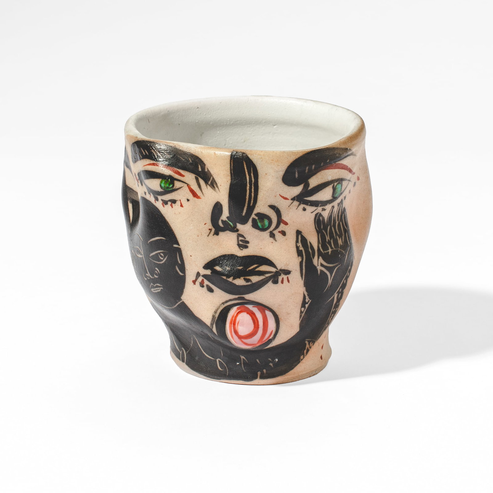 Akio Takamori (WA) Ceramic "Face Cup": Akio Takamori (1950-2017 Washington) Face Cup, circa 1990's. Signed on side. Sculptural tea cup with decoration in underglaze, glaze, and sgraffito. Measures 4x4''. Collection of Mike Peck, Seattle WA