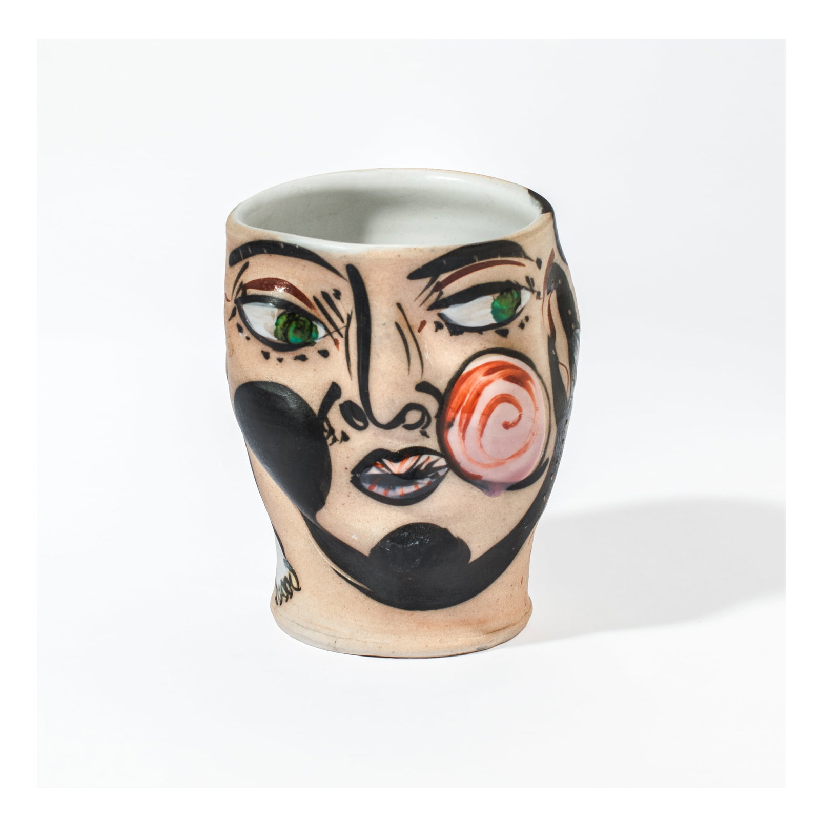 Akio Takamori (WA) Ceramic "Face Cup": Akio Takamori (1950-2017 Washington) Face Cup, circa 1990's. Signed on side. Sculptural tea cup with decoration in underglaze, glaze, and sgraffito. Measures 4.5x4''. Collection of Mike Peck, Seattle