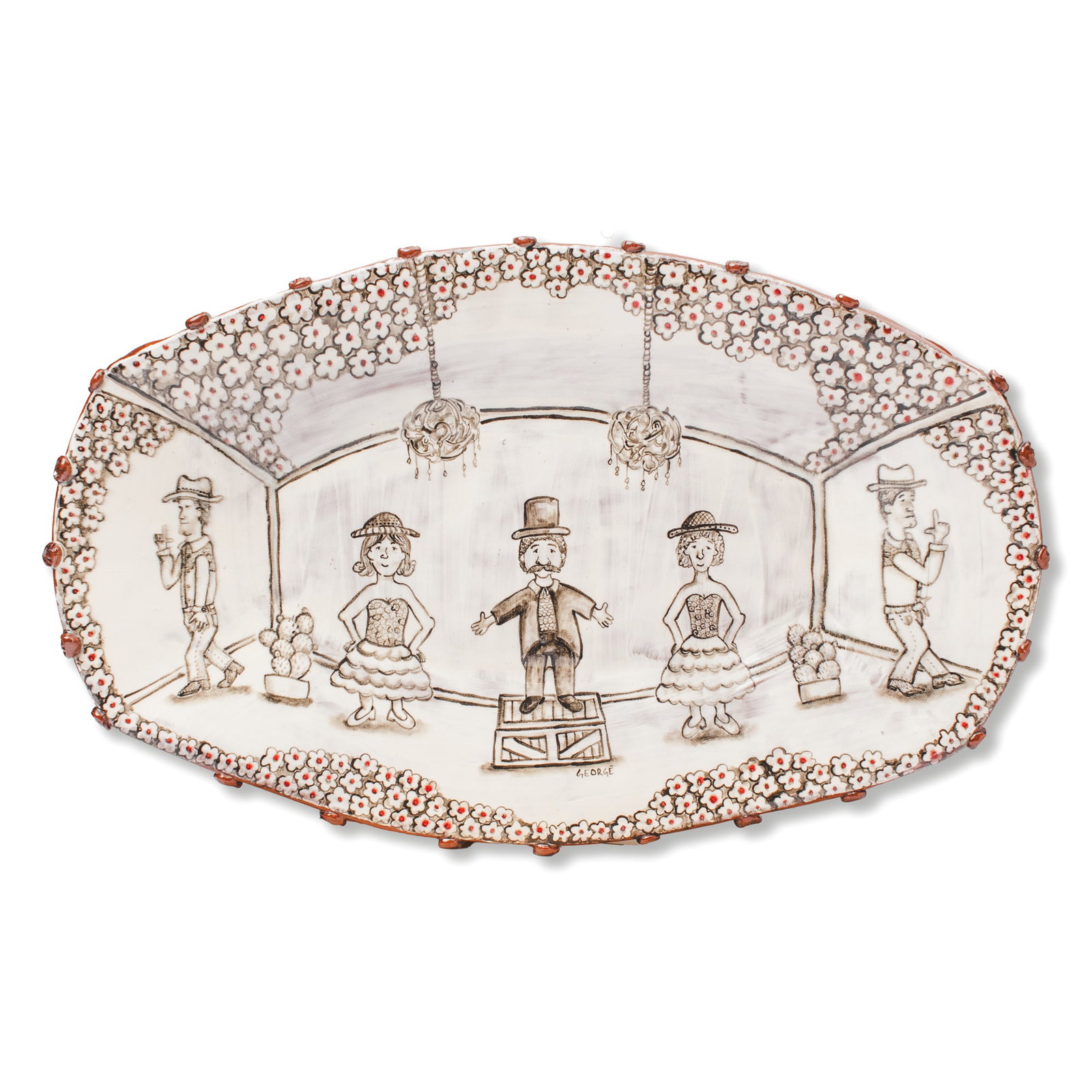 George Rodriguez Wild West Salad Bowl Platter: George Rodriguez (Washington / Pennsylvania) Wild West Salad Bowl Platter. Signed at center. Created for Pottery Northwest's annual "Salad Bowl" gala fundraiser. Measures 23x15x3.5". Collection of Mik