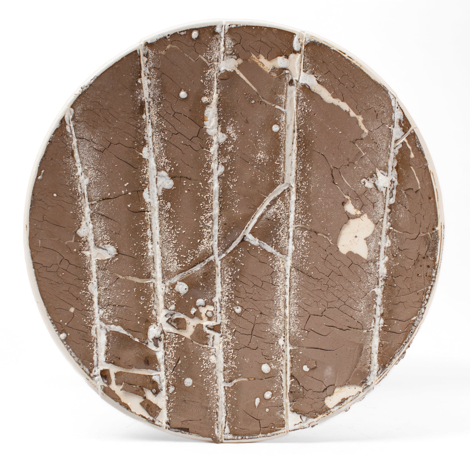 Reconstructed Crackle Glaze Brutalist Charger: Reconstructed Crackle Glaze Brutalist Charger. Unsigned. Ceramic plate sliced and joined; glazed in thick brown with deep crackle marks. Acquired from University of Washington School of Art sale, circ