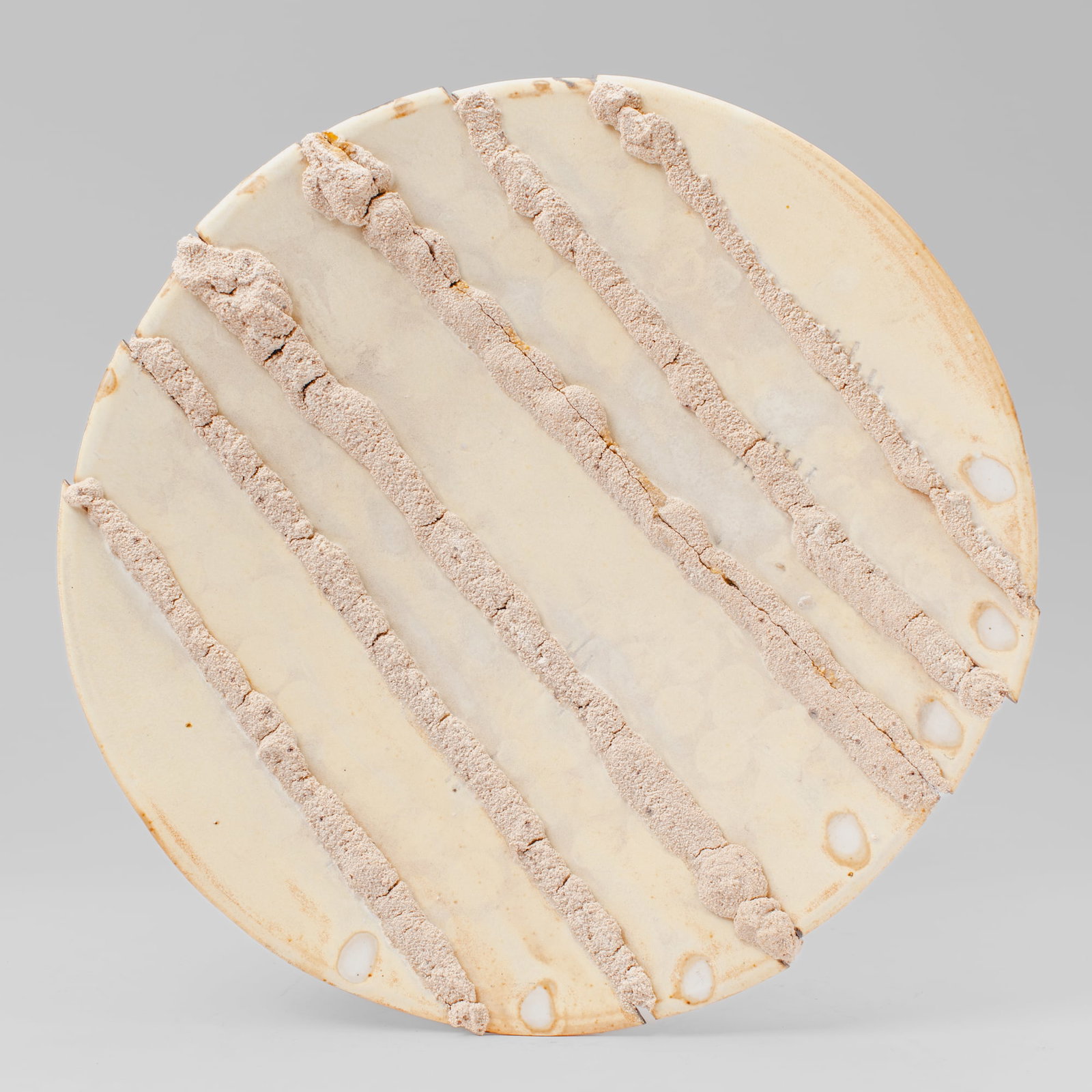 Reconstructed Heavy Glaze Brutalist Charger: Reconstructed Heavy Glaze Brutalist Charger. Unsigned. Ceramic plate sliced and joined with thick textured glaze paste. Possible repair with visible seam and epoxy residue. Acquired from University of