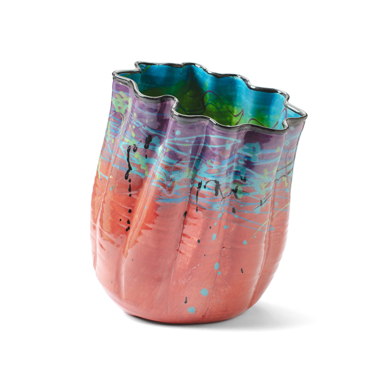 John Page (WA) "Potchihuly" Ceramic Vessel: John Page (Washington) "Potchihuly" Ceramic Vessel. Unsigned. A glazed clay pot in the style of Dale Chihuly's "Macchia". Measures 16x12x10". Collection of Mike Peck, Seattle WA. Excellent condition.