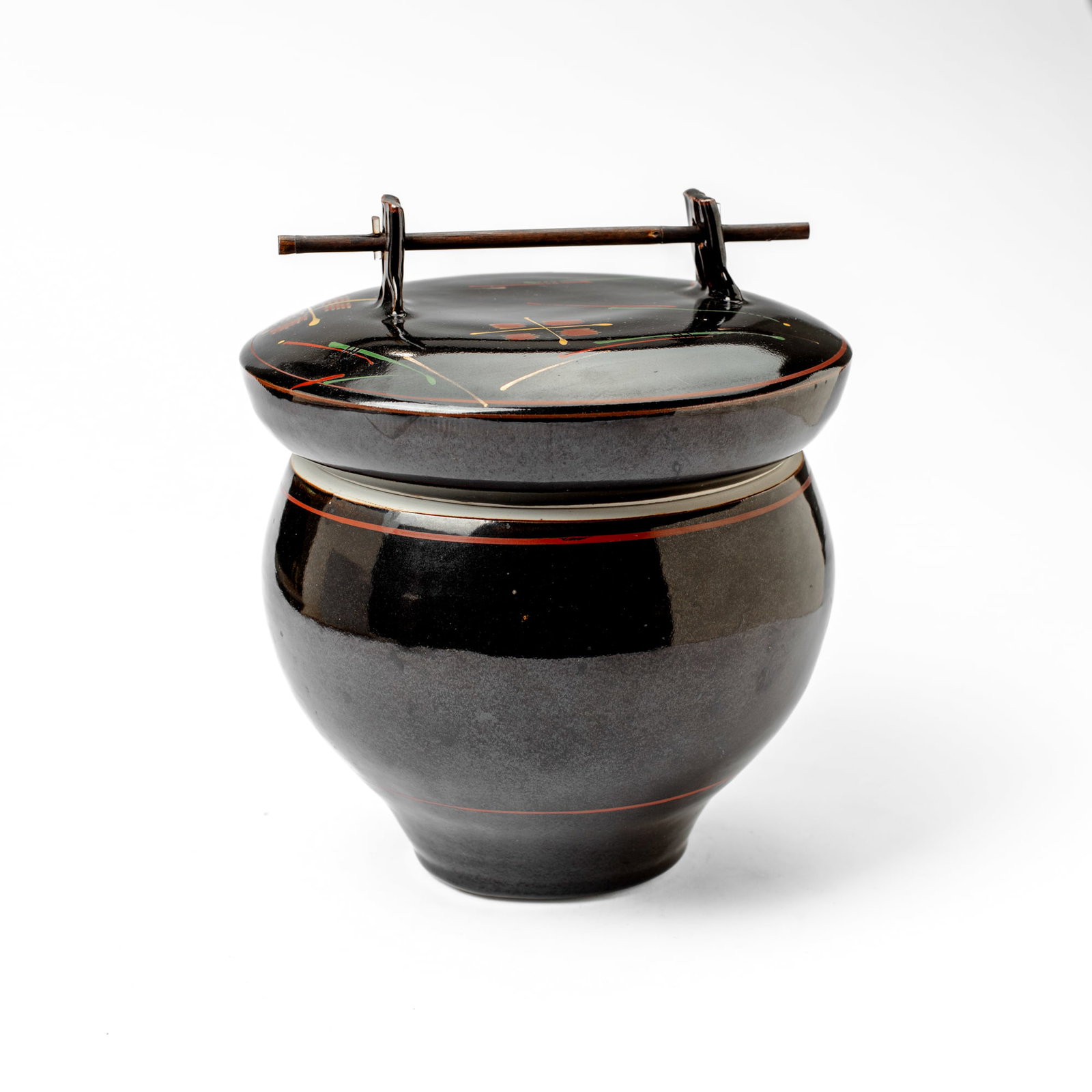 John Page (WA) "Tsubo" Lidded Jar: John Page (Washington) Studio Pottery "Tsubo" Lidded Jar, 1984. Signed on base and interior of lid with date. Elegant black glazed porcelain pot with lid; inserted twig handle. Measures 12x10.5".