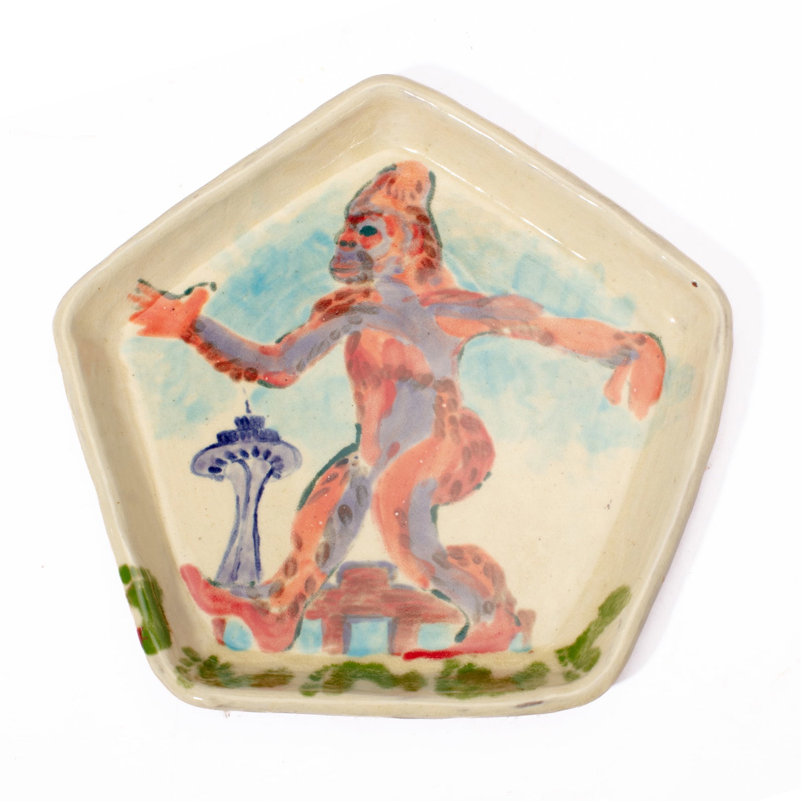 Pottery Northwest "Sasquatch" Terracotta Platter: Pottery Northwest "Sasquatch" Pentagonal Terracotta Platter. Unsigned. Hand painted glaze depiction of sasquatch with Queen Anne location of Pottery NW in background; created for a Pottery NW