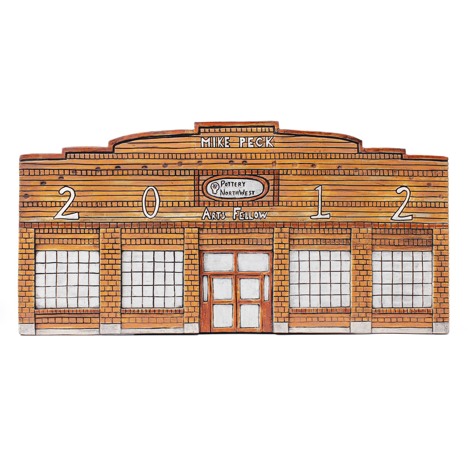 Pottery Northwest Art Fellow Ceramic Wall Plaque: Pottery Northwest Art Fellow Ceramic Wall Plaque. Made specifically for and given to Mike Peck as gratitude for his years of service on the organization's board. Ceramic plaque depicts the facade of
