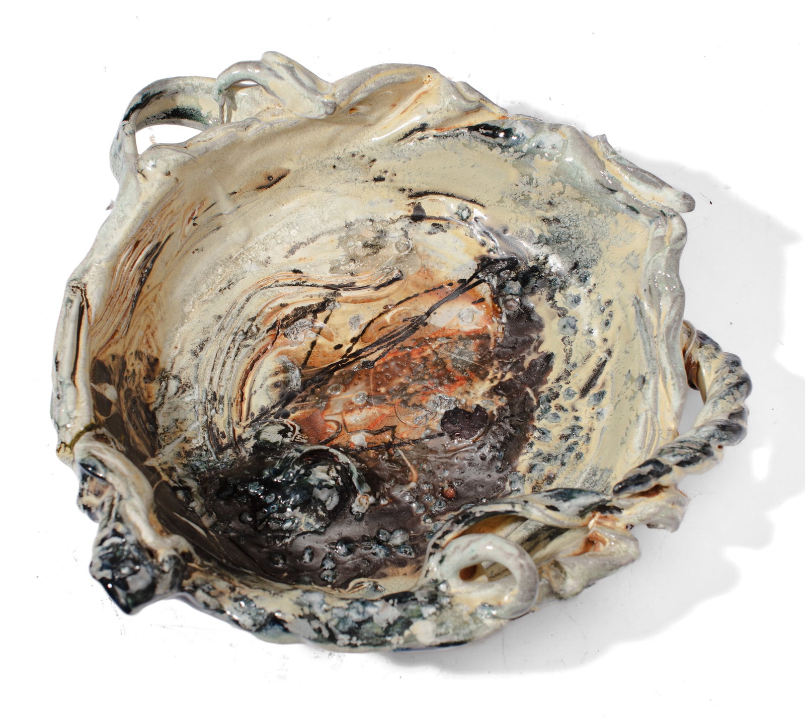 Mike Peck (WA) Studio Pottery Brutalist Bowl: Mike Peck (Washington) Studio Pottery Brutalist Bowl, 2005. Signed and dated on base. Expressive wood fired footed bowl; hanging wire on back. Measures 16x6". Excellent condition.